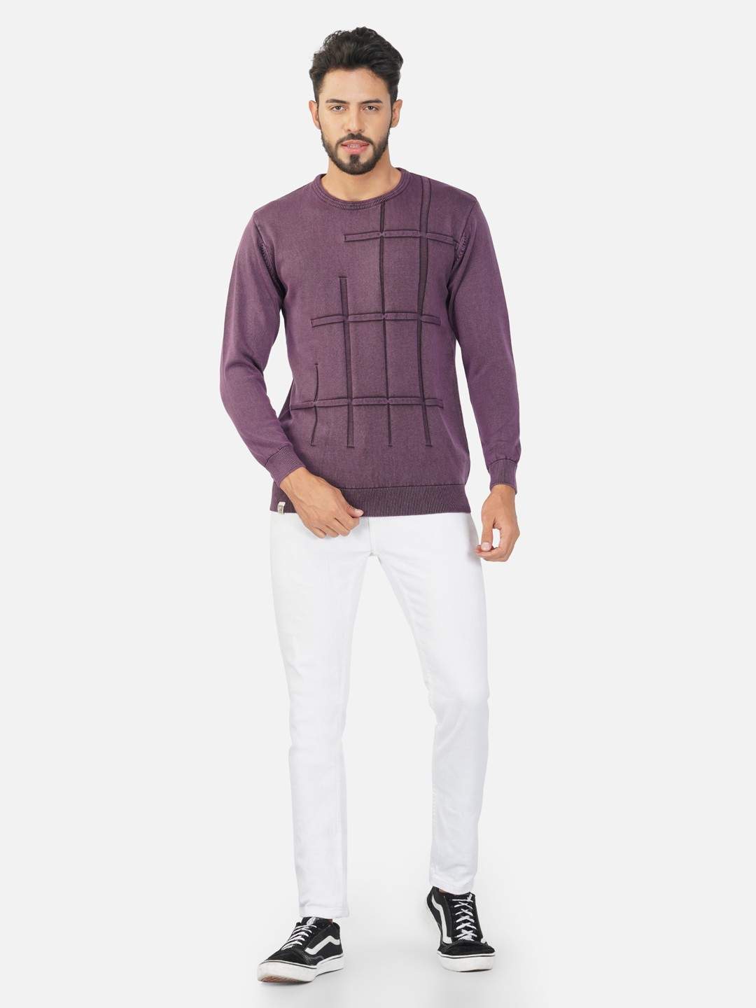 Geometric Pattern Crew Neck Cotton Pullover