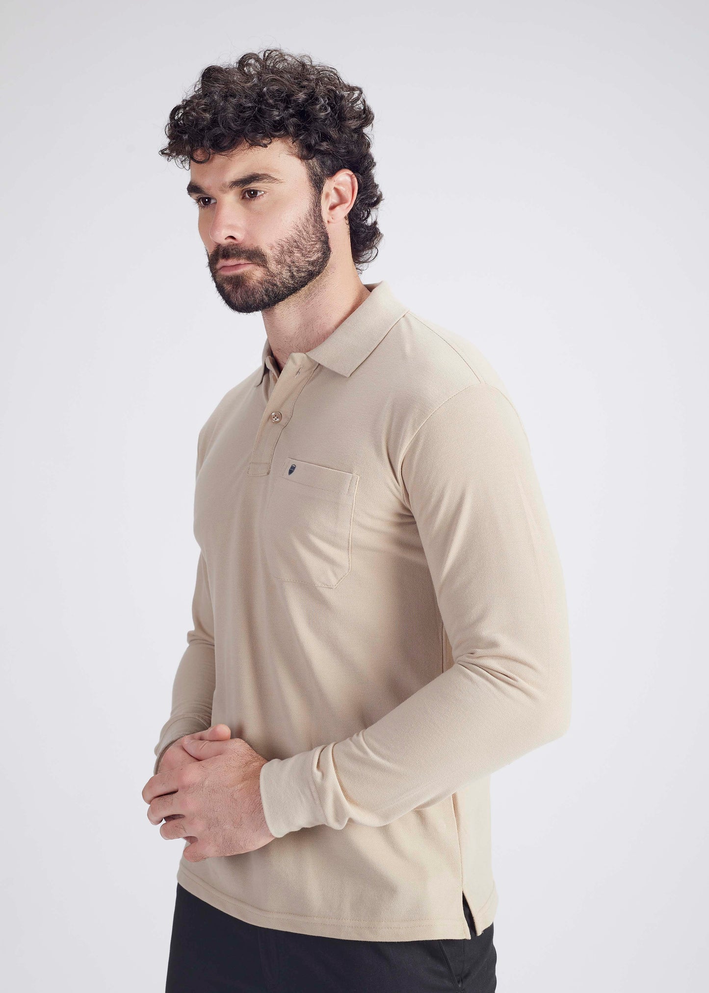 Solid Full Sleeve Pocket Polo - Beige