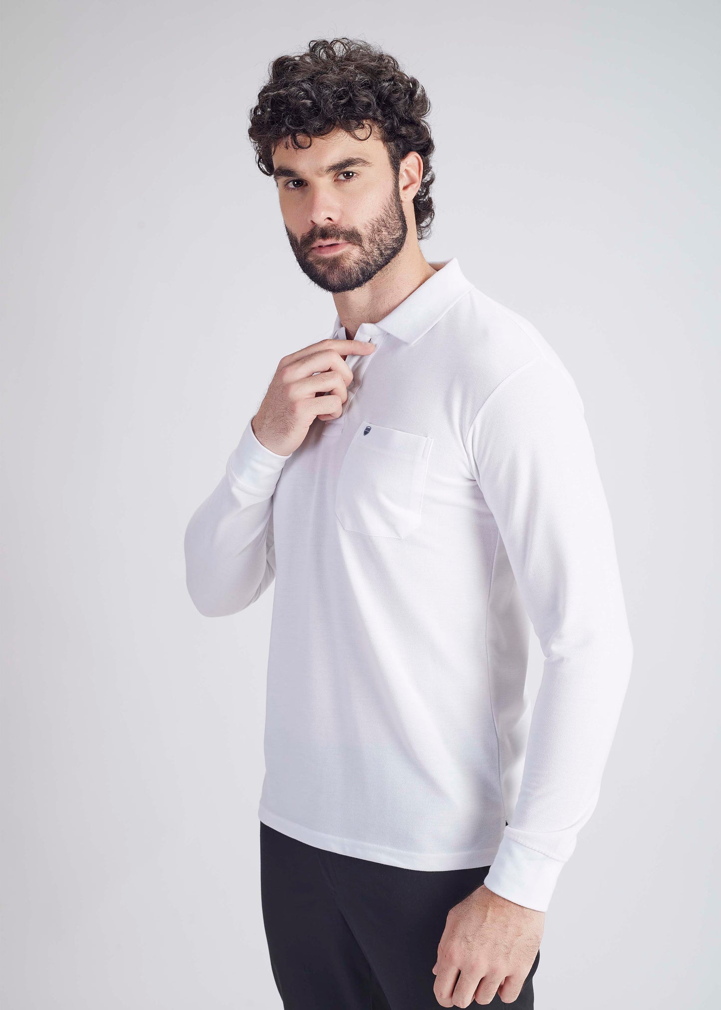 Solid Full Sleeve Pocket Polo - White