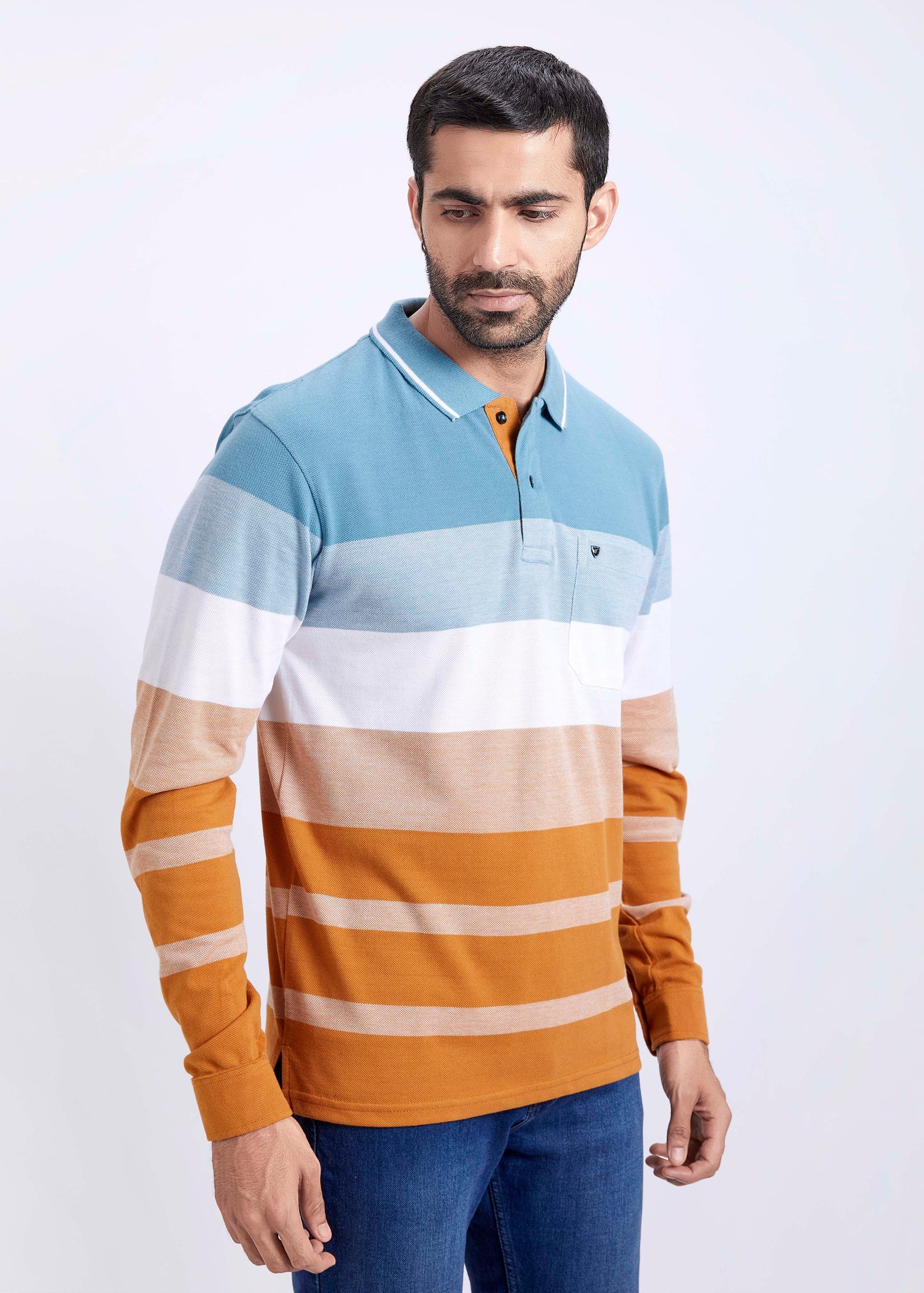 Full Sleeves Striped Polo T-Shirt With Pocket