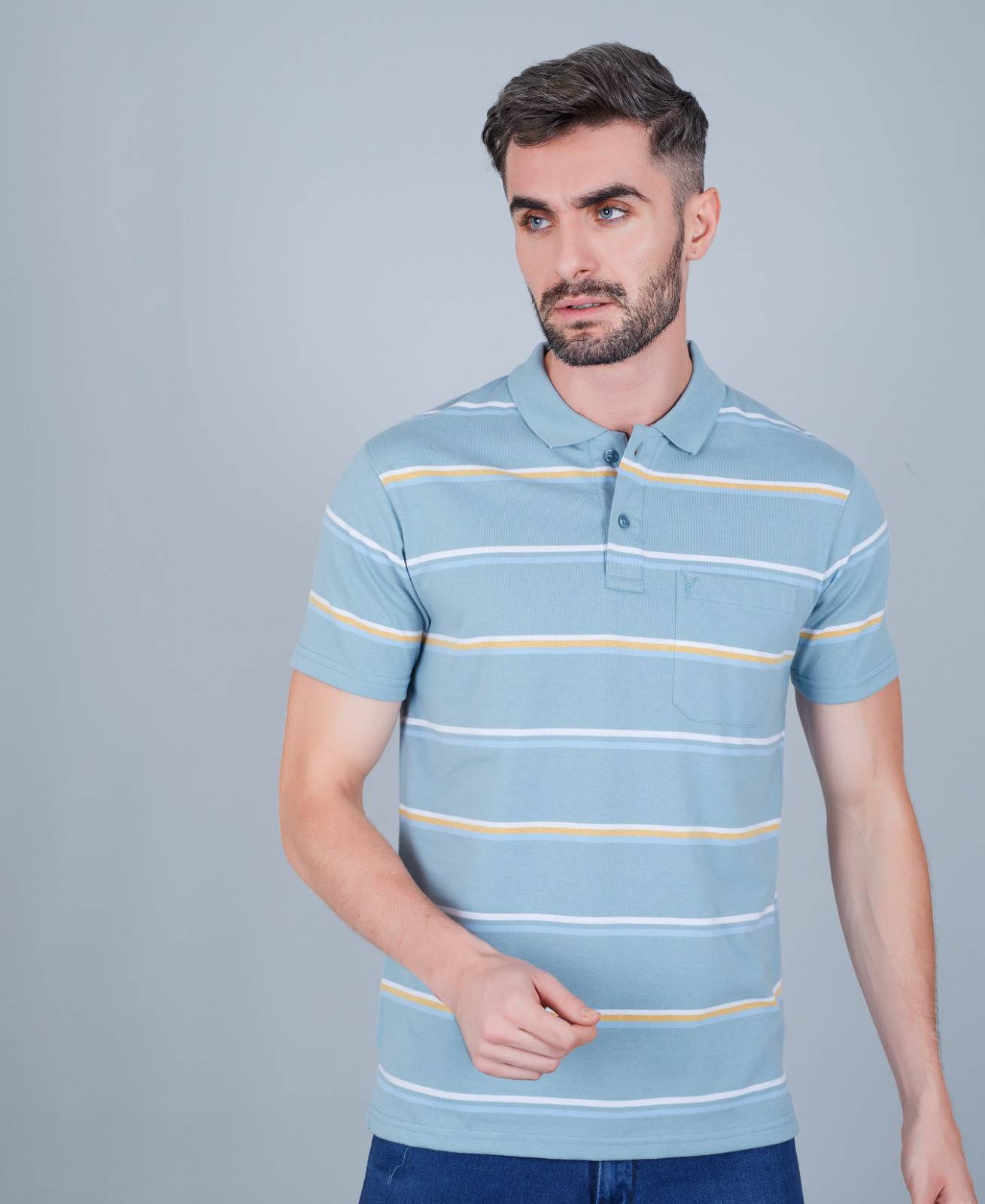 Men's Cotton Rich Striped Polo T-shirt with Pocket