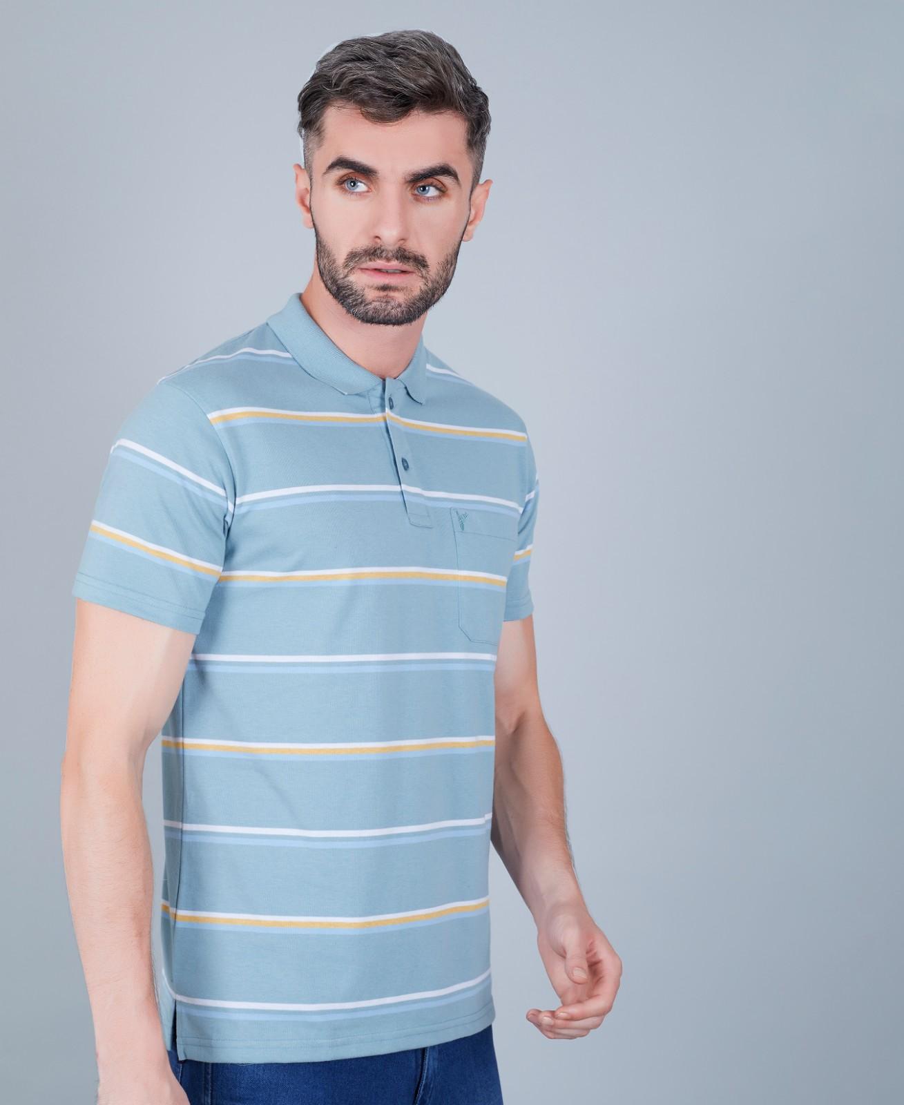 Men's Cotton Rich Striped Polo T-shirt with Pocket