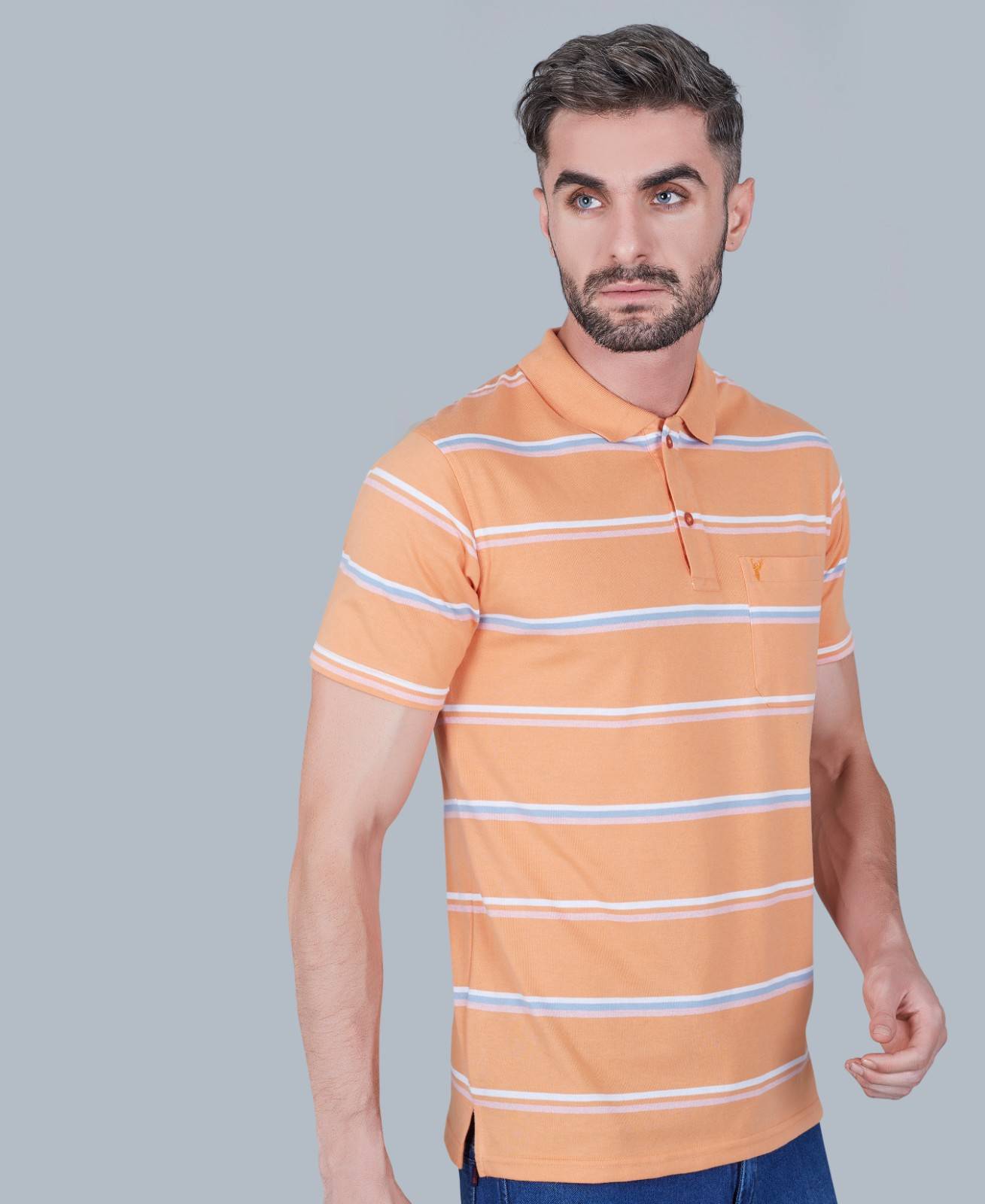 Men's Cotton Rich Striped Polo T-shirt with Pocket