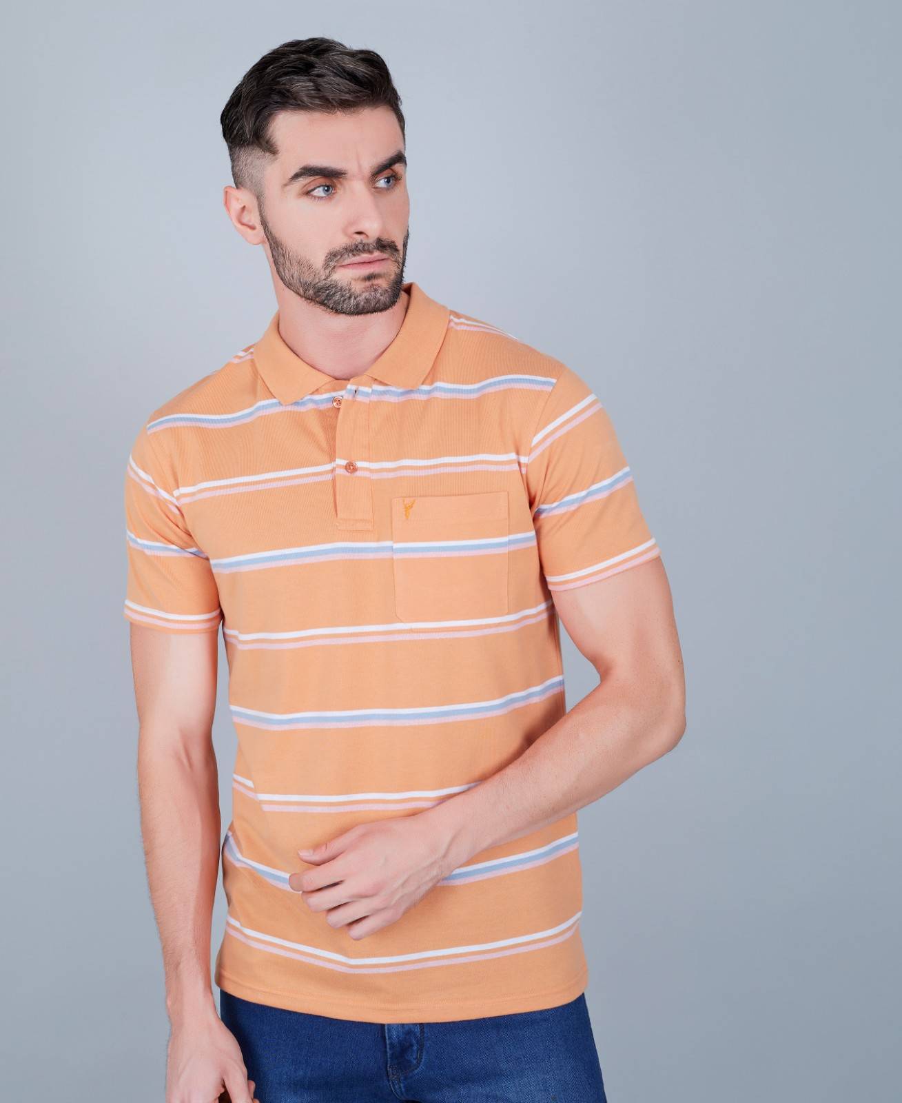 Men's Cotton Rich Striped Polo T-shirt with Pocket