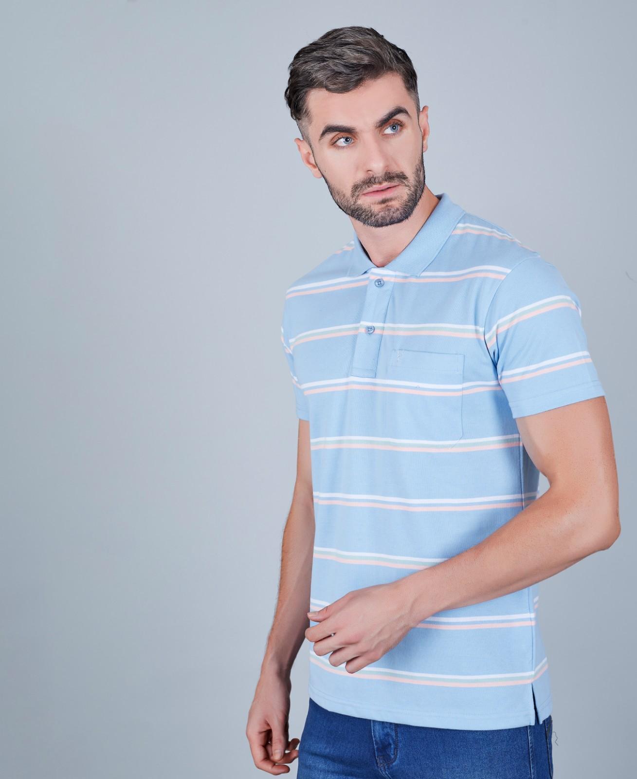 Men's Cotton Rich Striped Polo T-shirt with Pocket