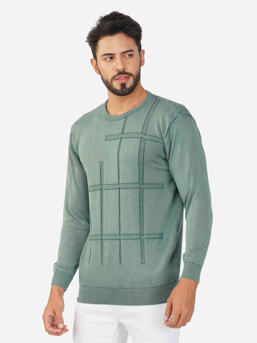 Geometric Pattern Crew Neck Cotton Pullover