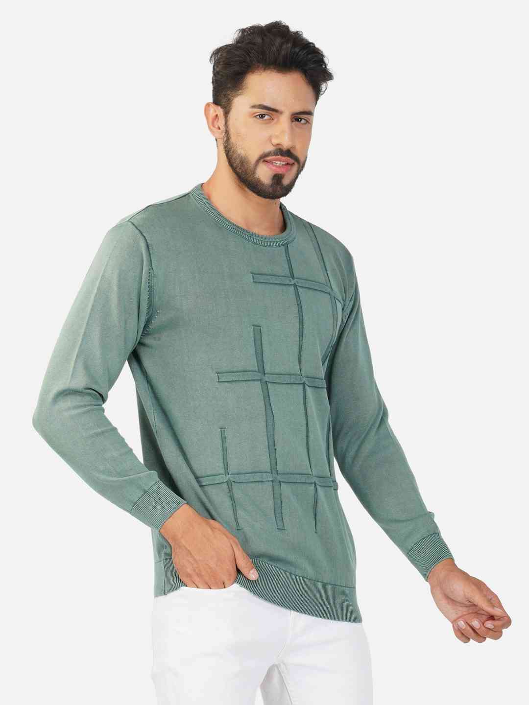 Geometric Pattern Crew Neck Cotton Pullover