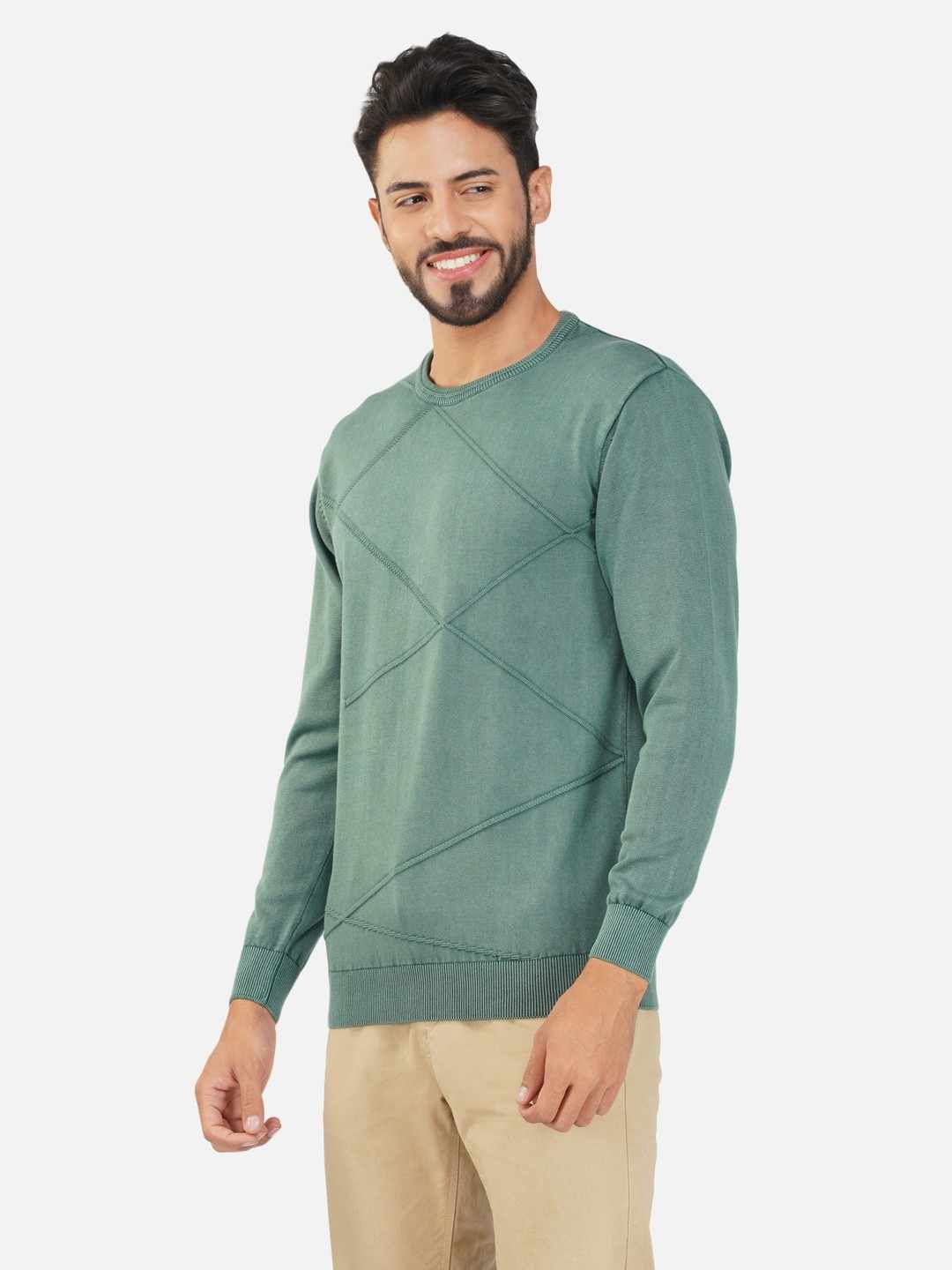 Geometric Pattern Crew Neck Cotton Pullover