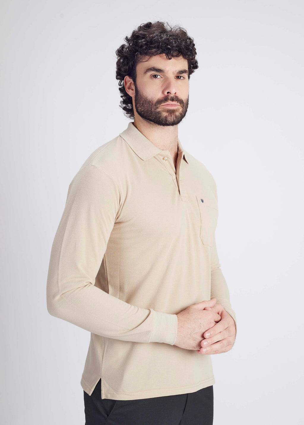 Long Sleeve Pocket Polo - Beige