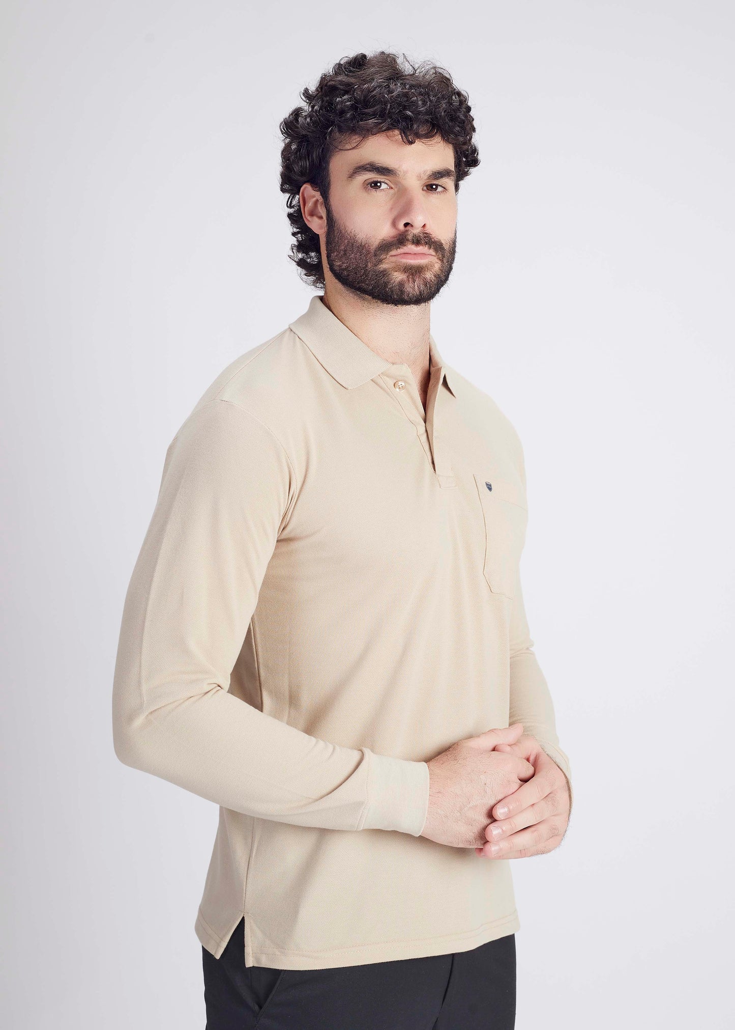 Solid Full Sleeve Pocket Polo - Beige