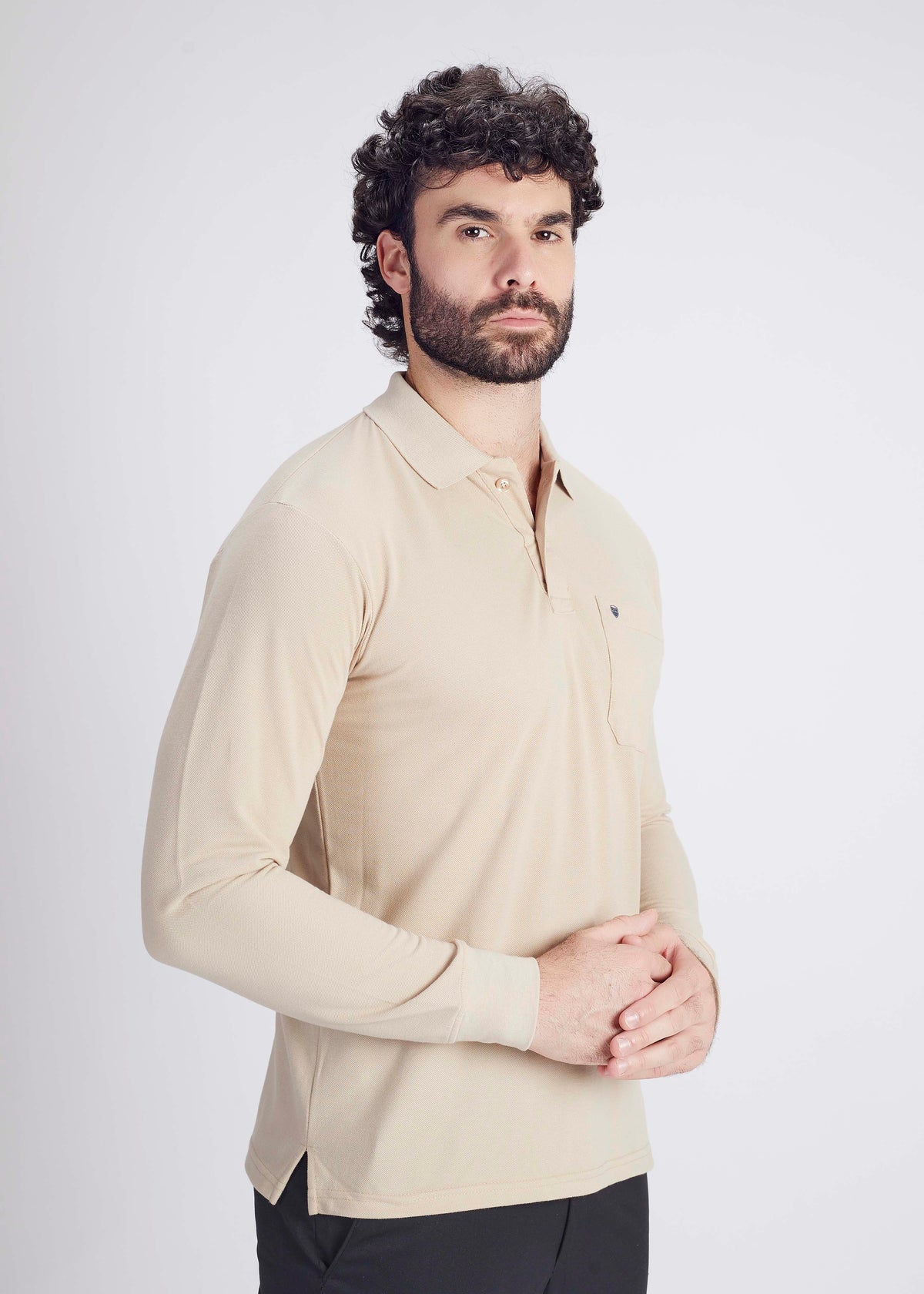 Long Sleeve Pocket Polo - Beige