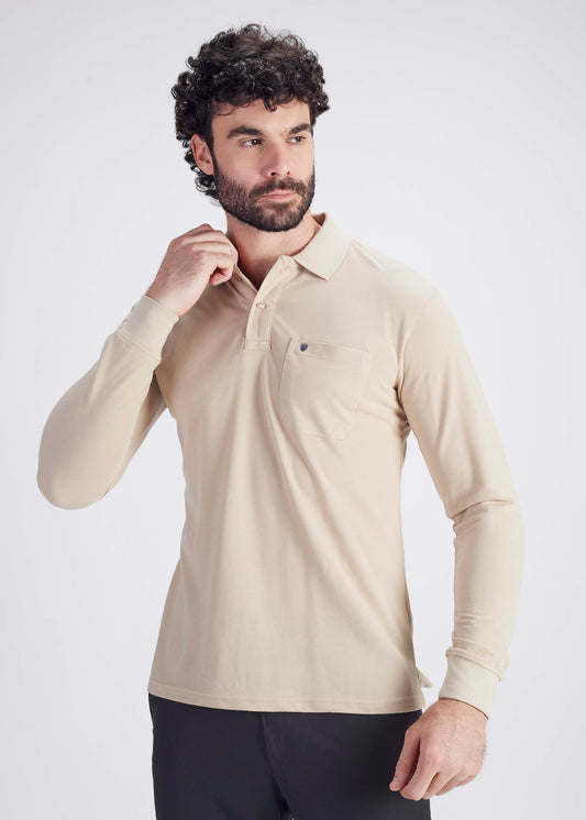 Solid Full Sleeve Pocket Polo - Beige