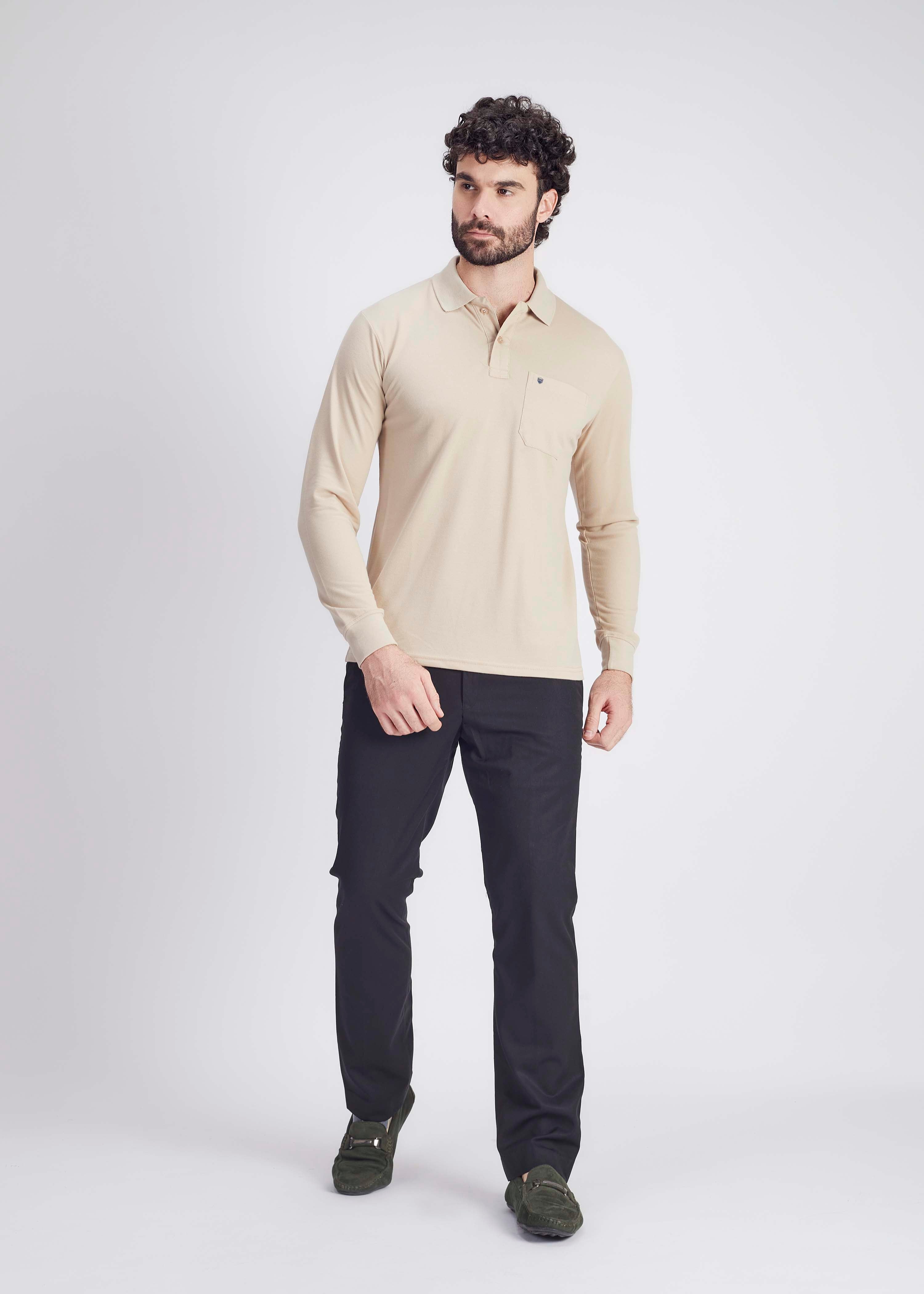 Long Sleeve Pocket Polo - Beige