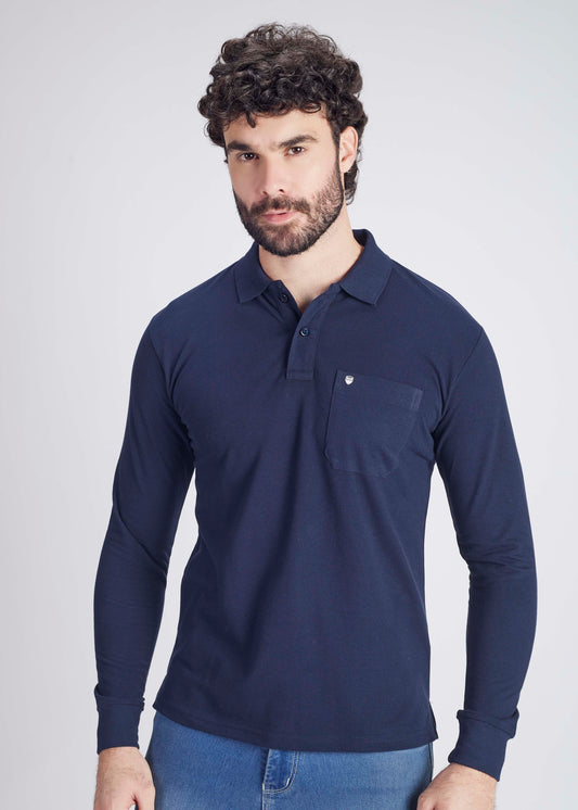 Solid Full Sleeve Pocket Polo - Navy Blue