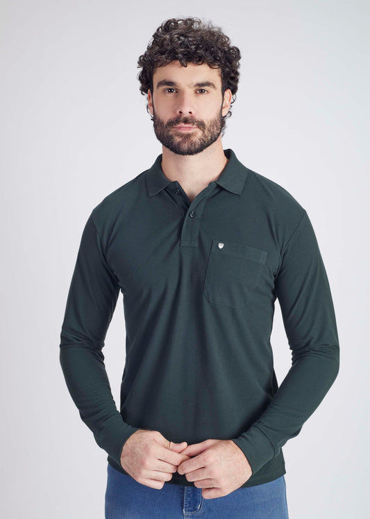 Solid Full Sleeve Pocket Polo - Bottle Green