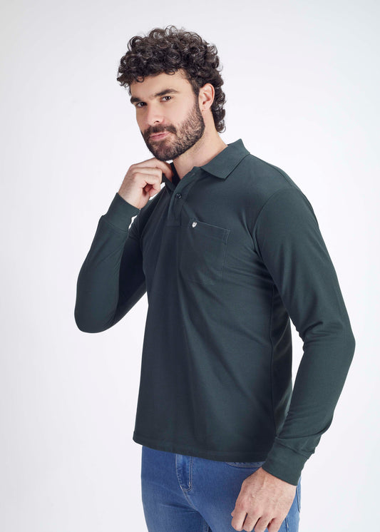 Solid Full Sleeve Pocket Polo - Bottle Green