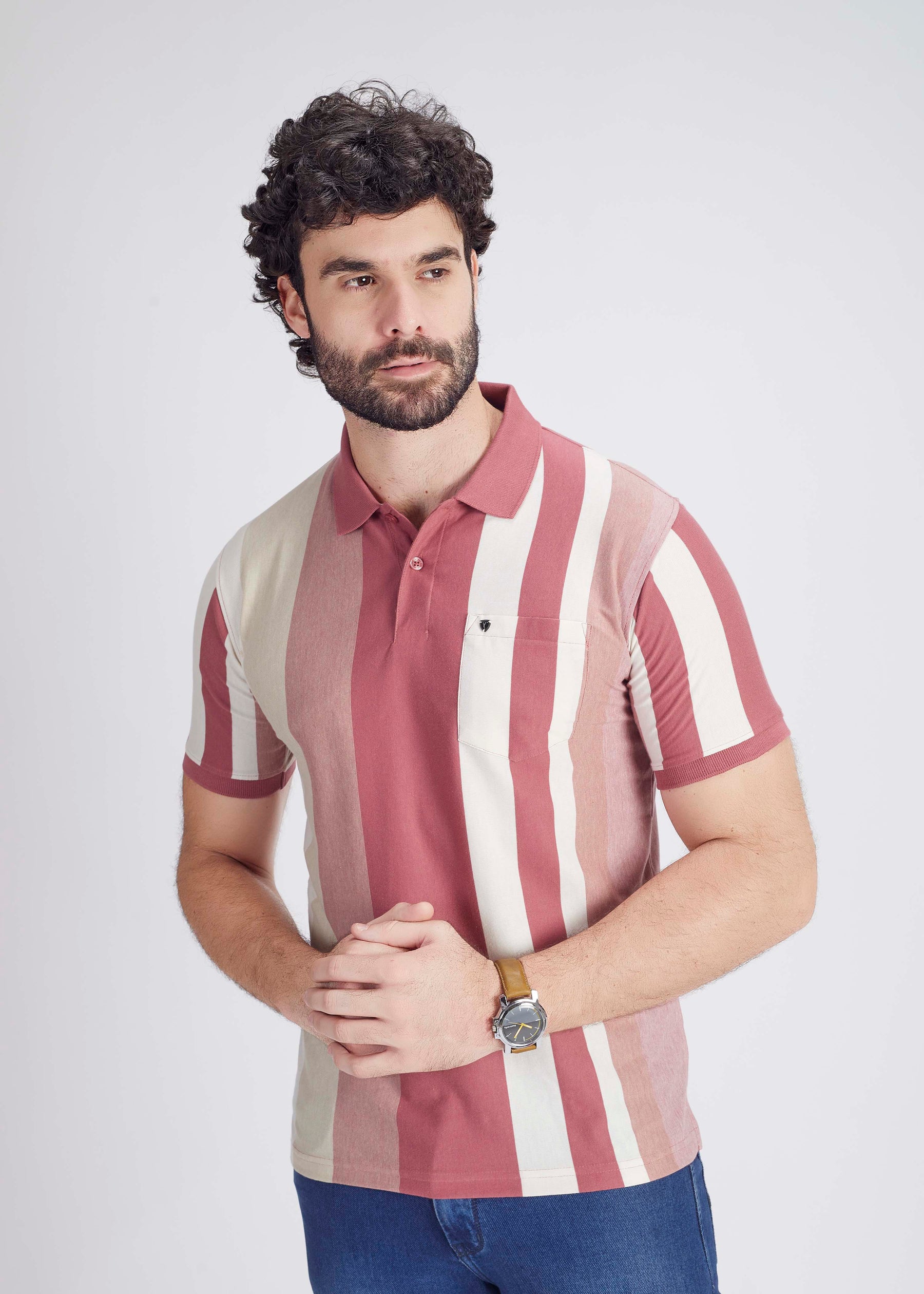 Regular Fit Vertical Stripe Polo With Pocket