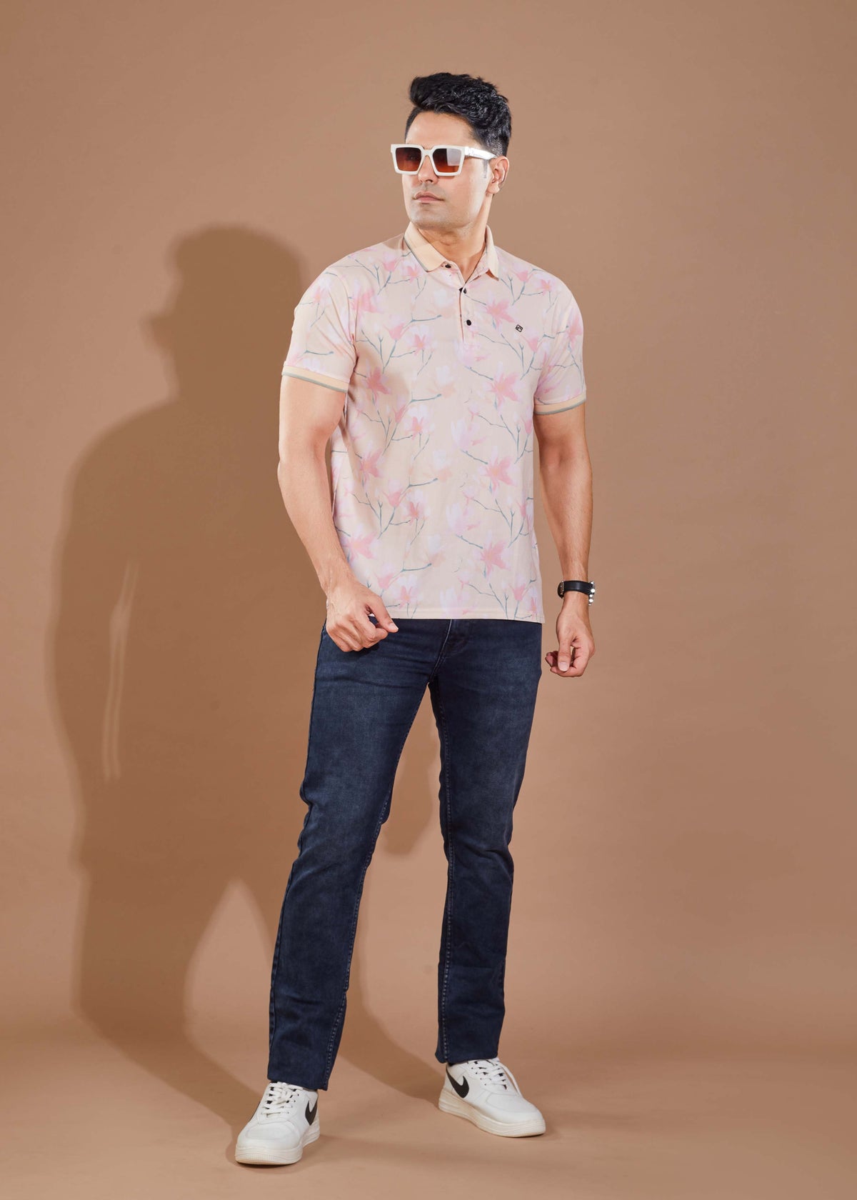 Floral Print Polo - Peach