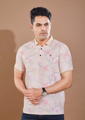 Men's Floral Print Polo T-Shirt  - Peach