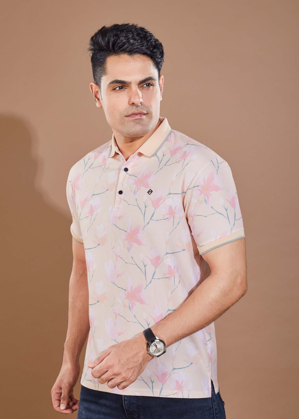Floral Print Polo - Peach