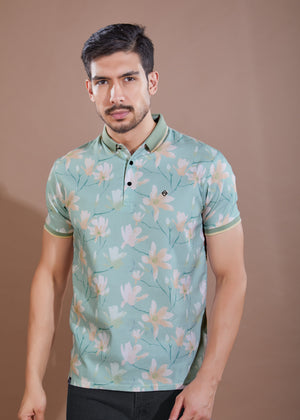 Men's Floral Print Polo T-Shirt - Pista