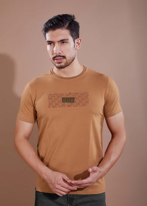 Men's Printed Round Neck T-Shirt-Mustard