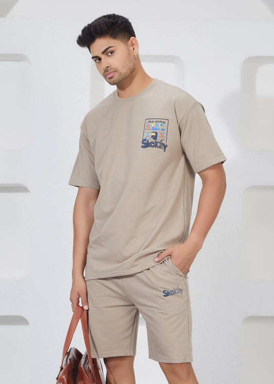Men’s Oversized T-Shirt & Shorts Co-ord Set - Beige