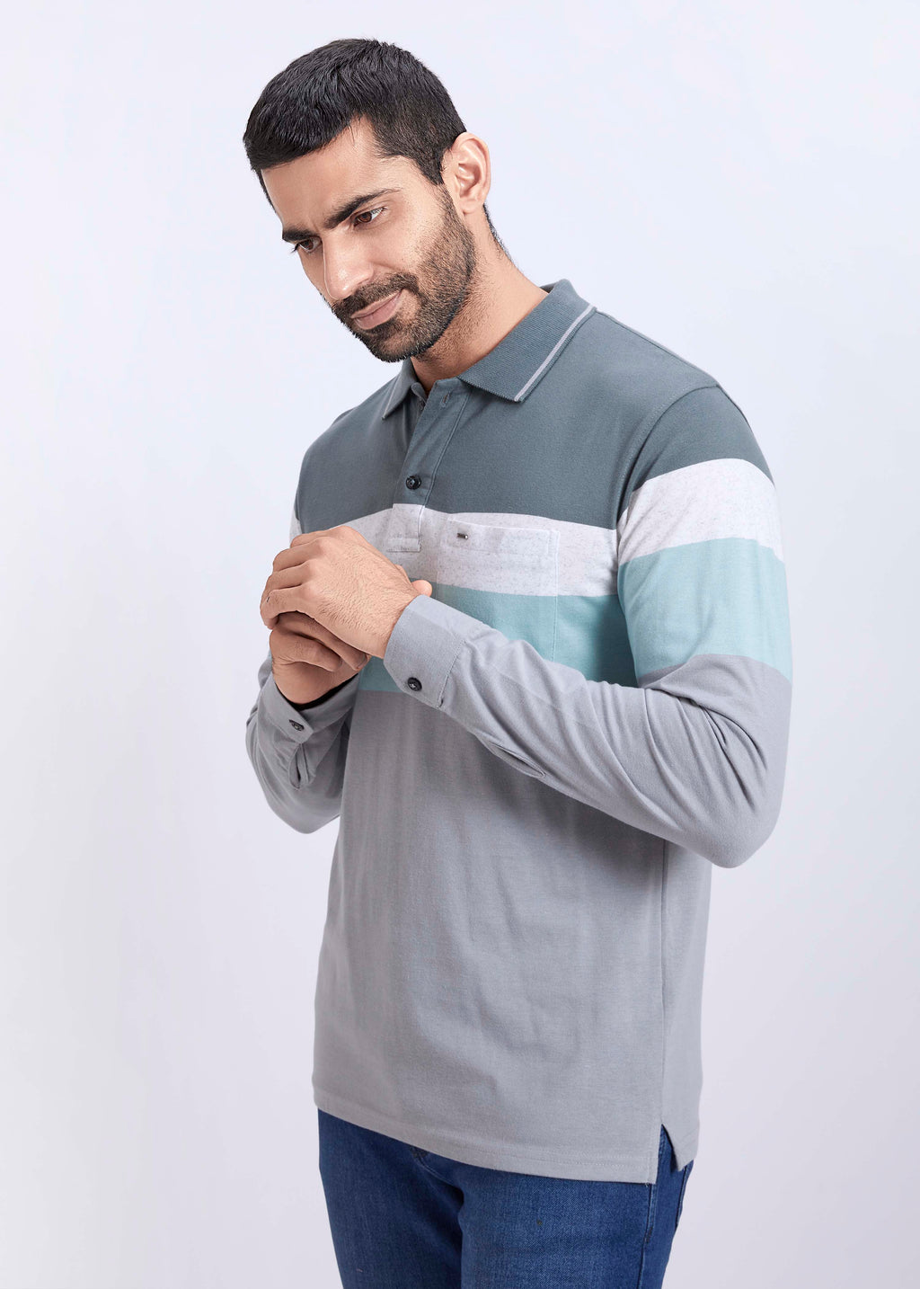 Full Sleeve Striped Polo With Pocket