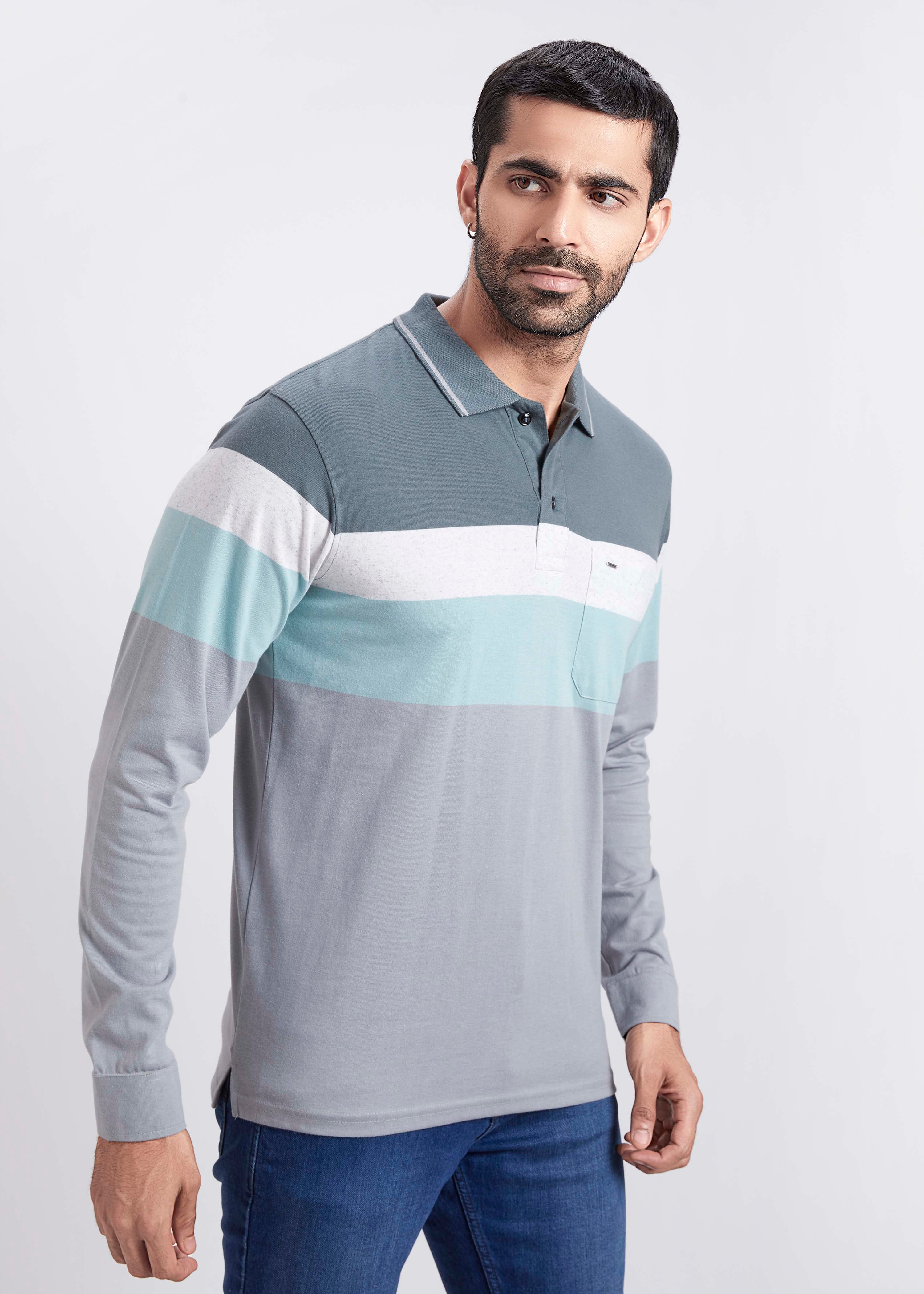 Full Sleeve Striped Polo With Pocket