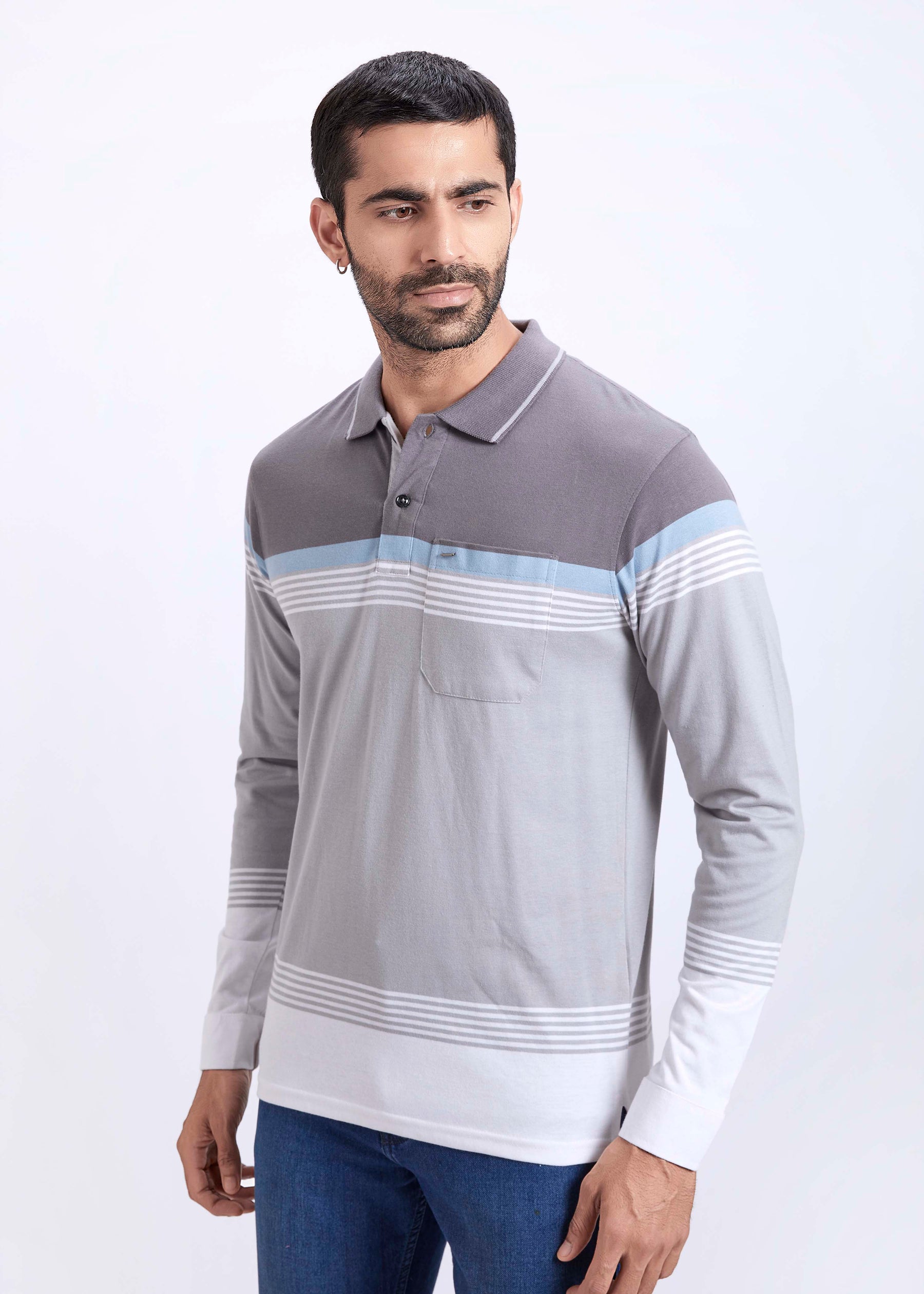 Full Sleeves Stripe Polo T-Shirt With Pocket