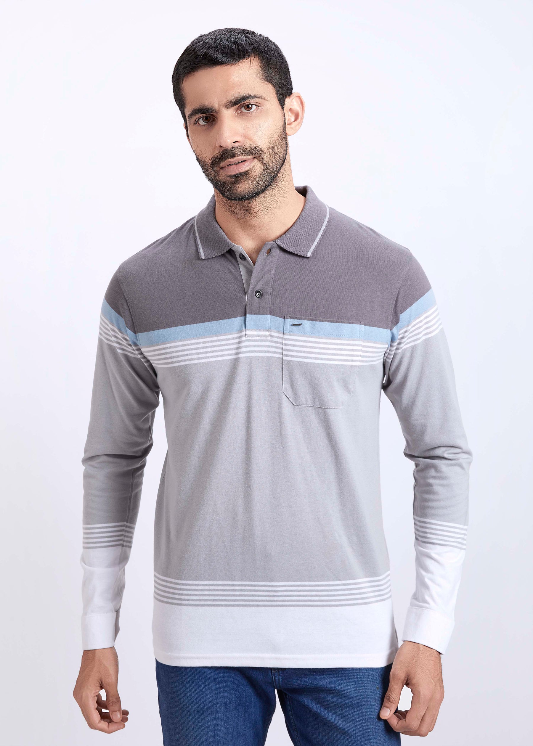 Full Sleeves Stripe Polo T-Shirt With Pocket