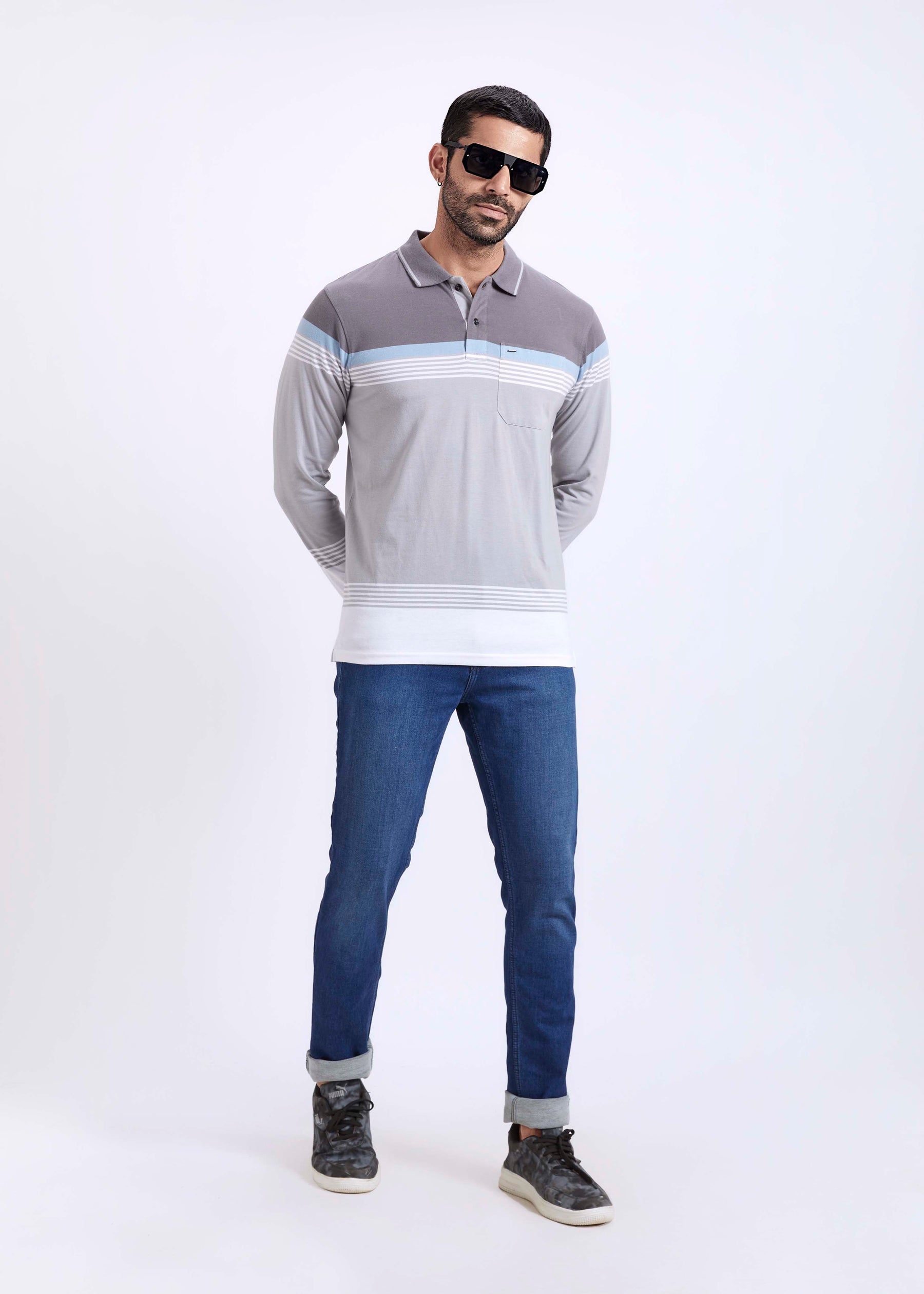 Full Sleeves Stripe Polo T-Shirt With Pocket