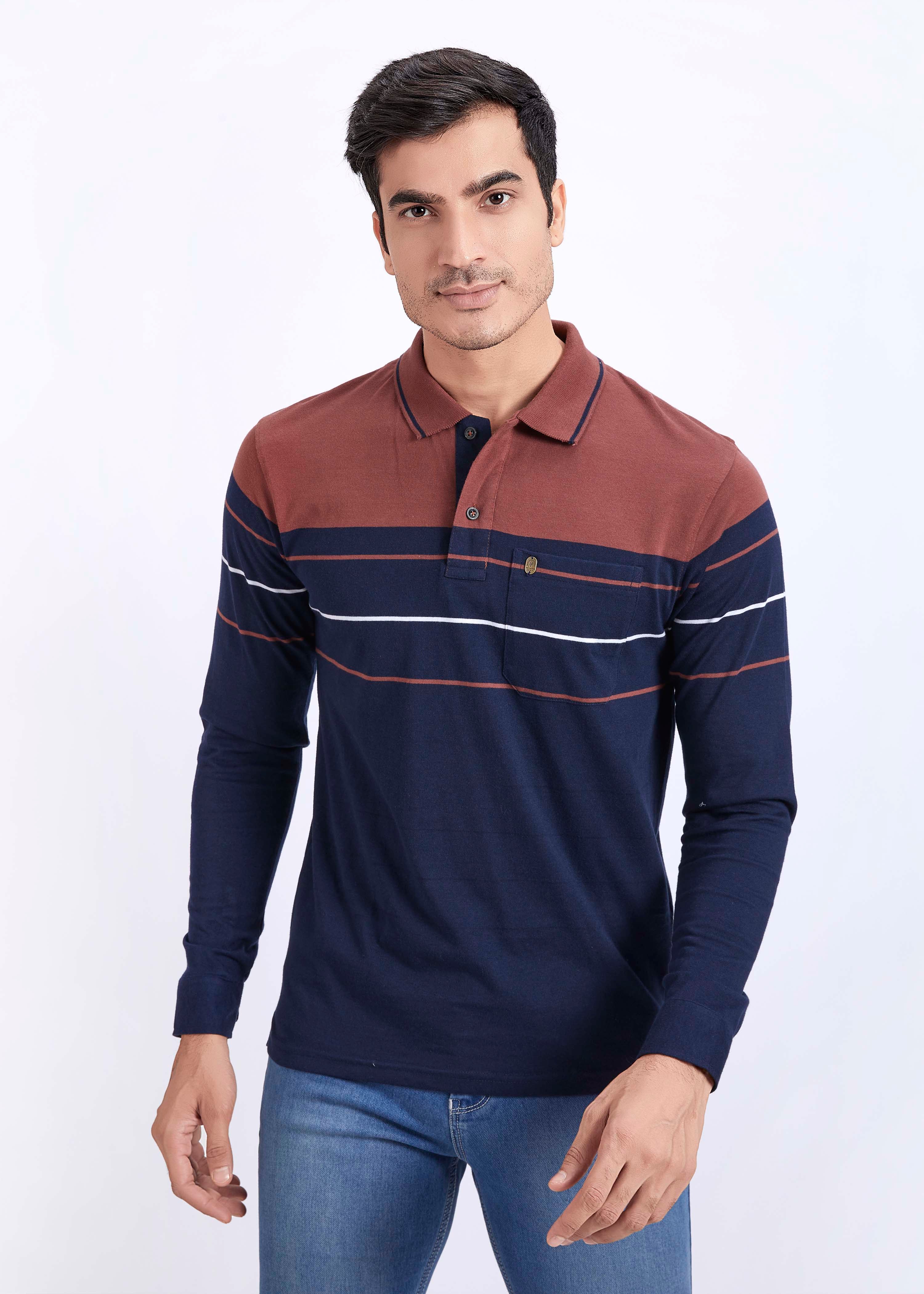 Full Sleeves Striped Polo With Pocket