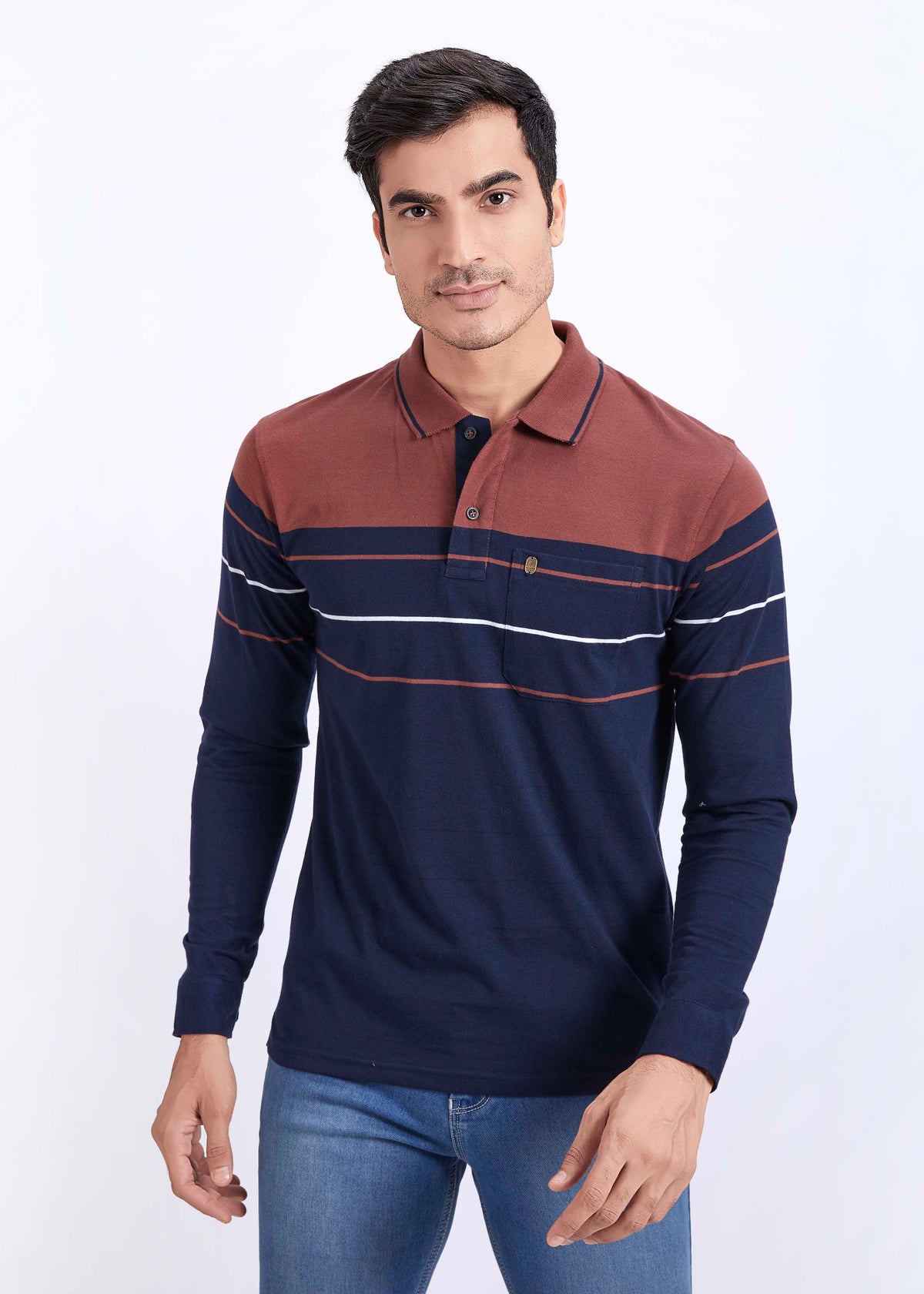 Full Sleeves Classic Striped Polo T-Shirt With Pocket