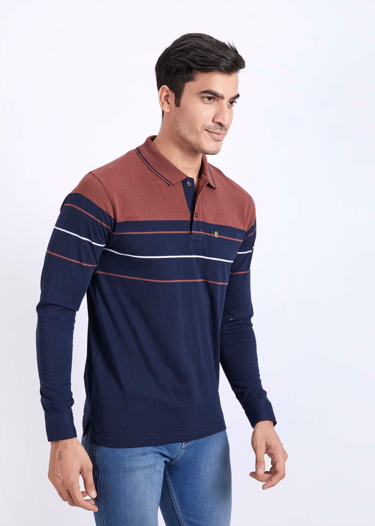 Full Sleeves Striped Polo With Pocket