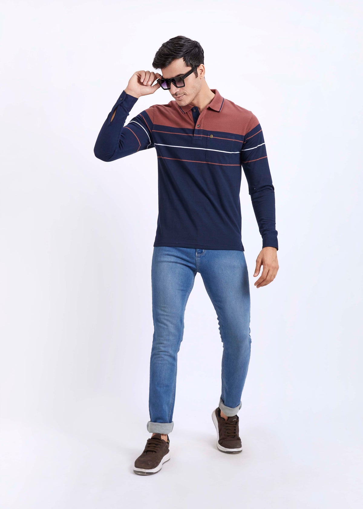 Full Sleeves Classic Striped Polo T-Shirt With Pocket