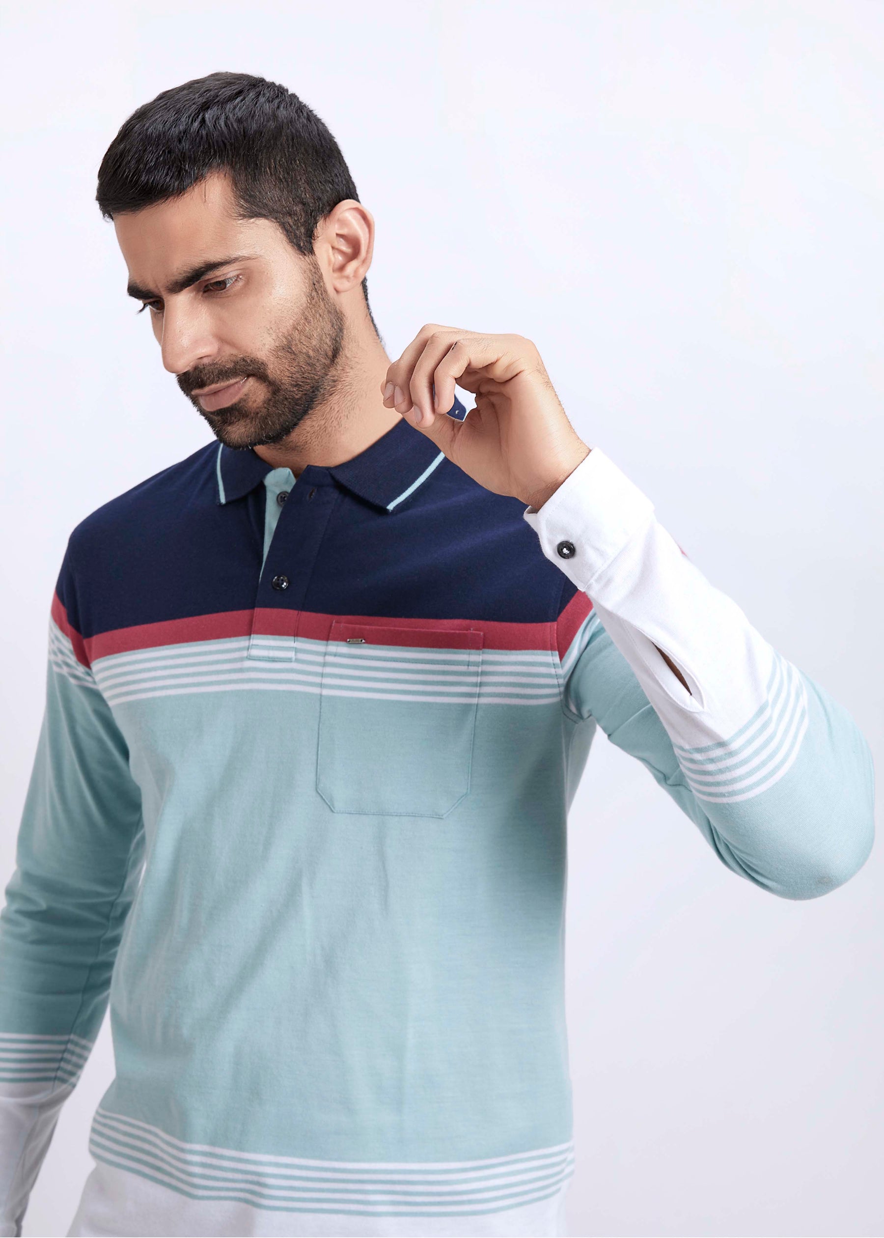 Full Sleeves Stripe Polo T-Shirt With Pocket