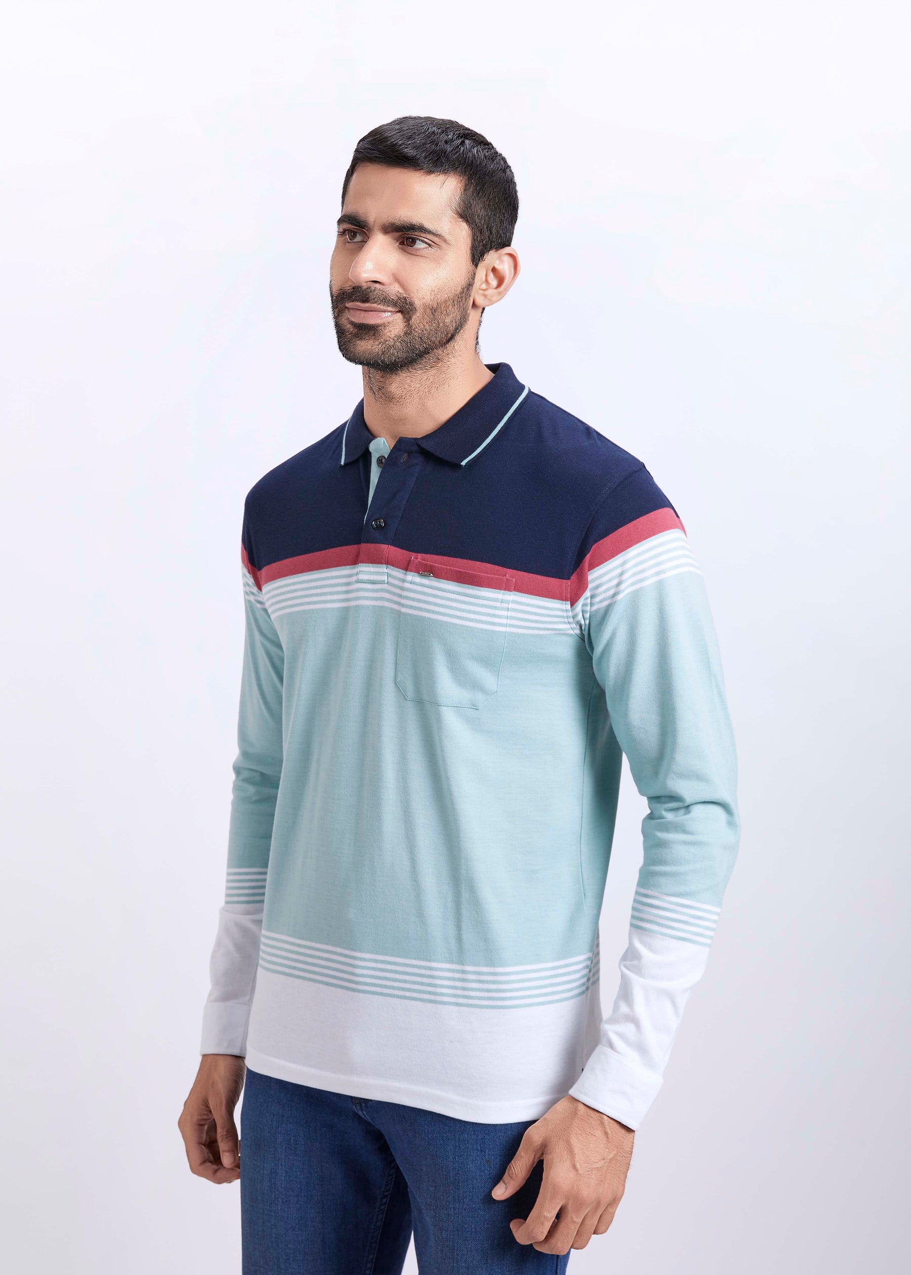 Full Sleeves Stripe Polo T-Shirt With Pocket