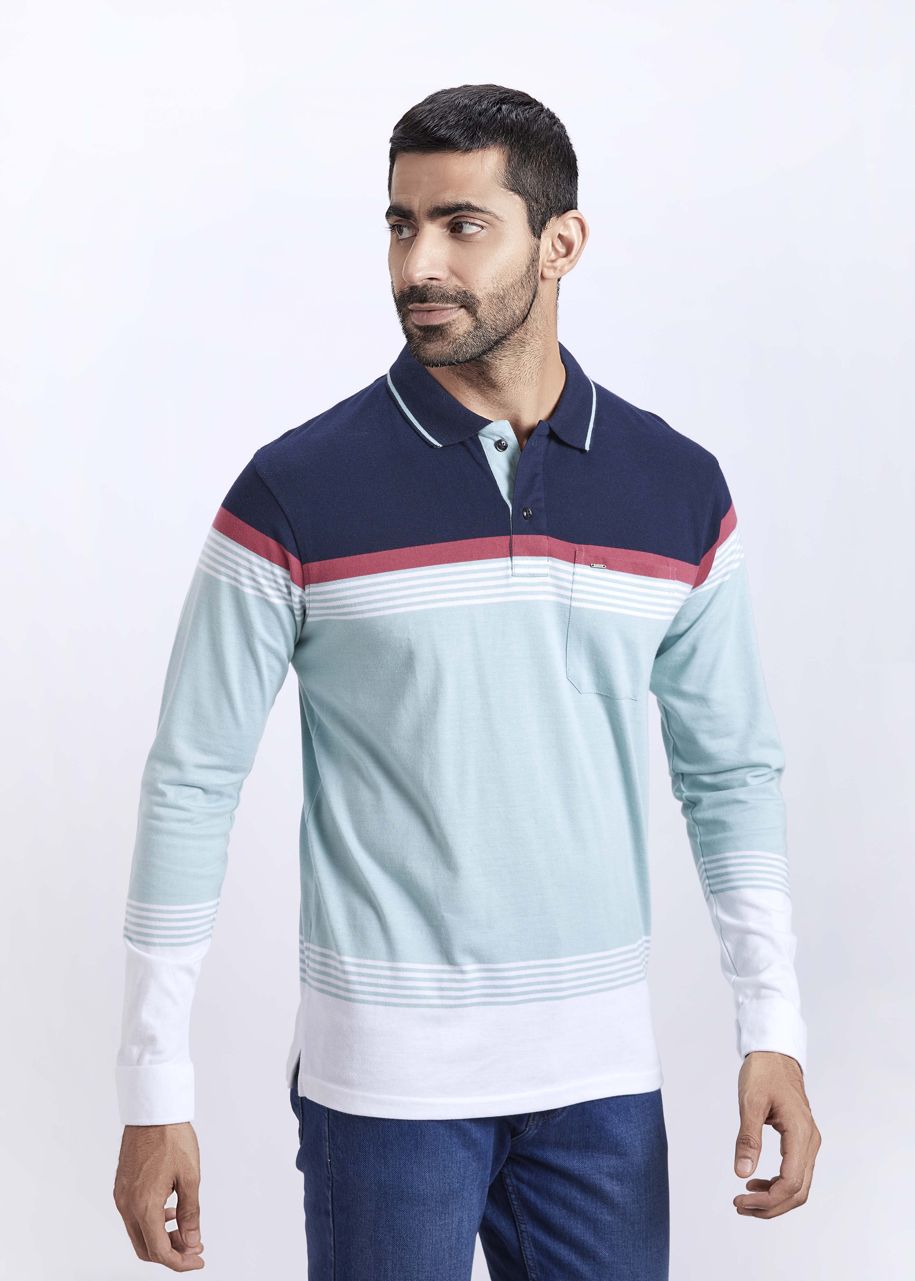 Full Sleeves Stripe Polo T-Shirt With Pocket