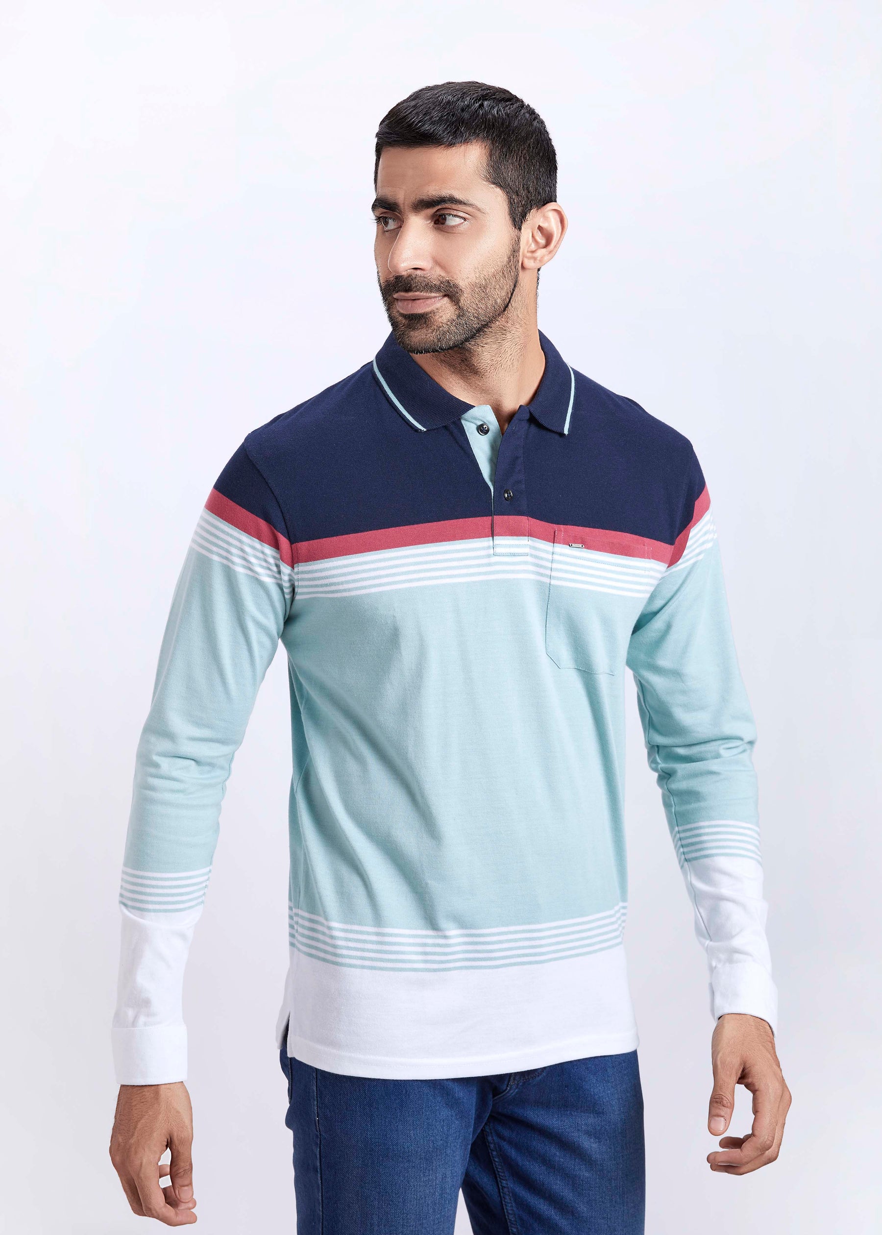 Full Sleeves Stripe Polo T-Shirt With Pocket