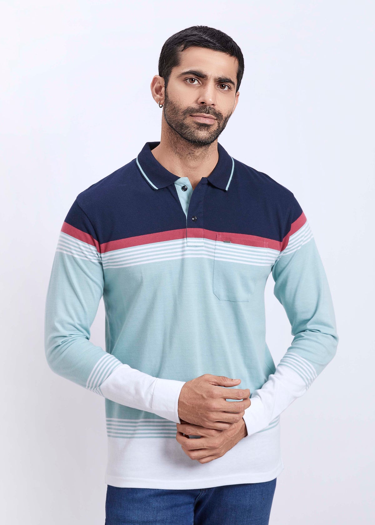 Full Sleeves Stripe Polo T-Shirt With Pocket