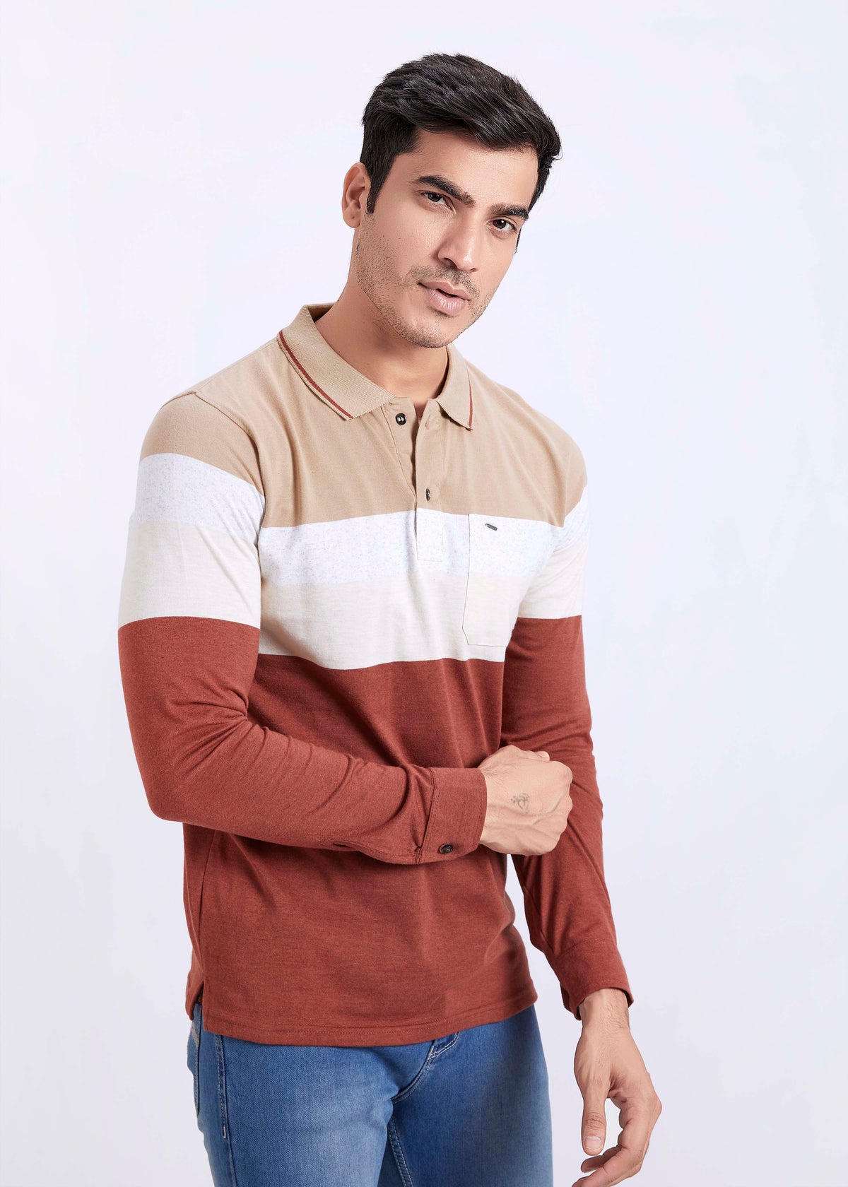 Full Sleeve Striped Polo With Pocket
