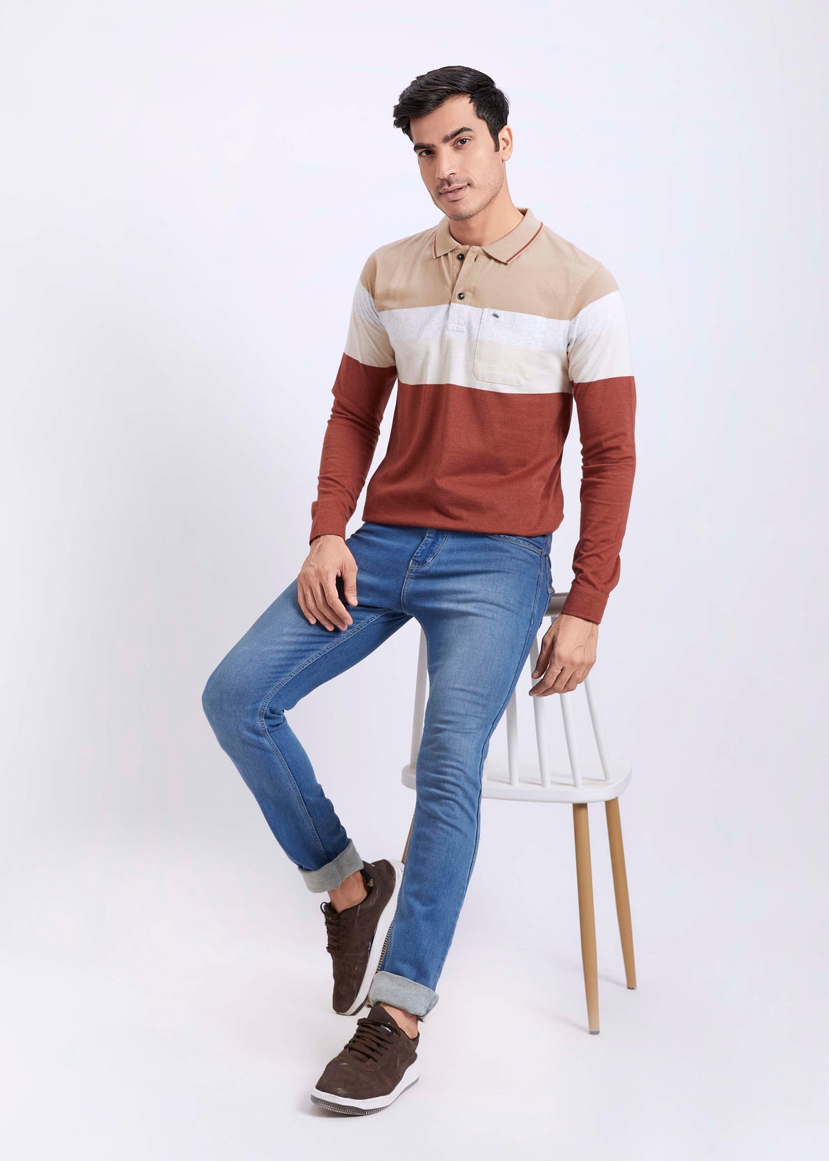 Full Sleeves Engineered Stripe Polo T-Shirt With Pocket