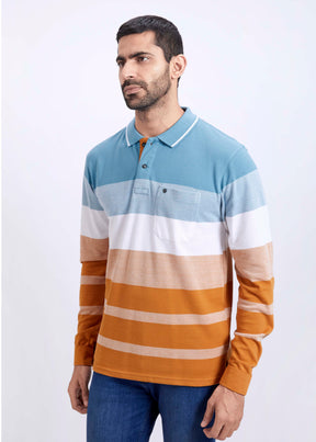 Full Sleeves Vintage Striped Polo T-Shirt With Pocket