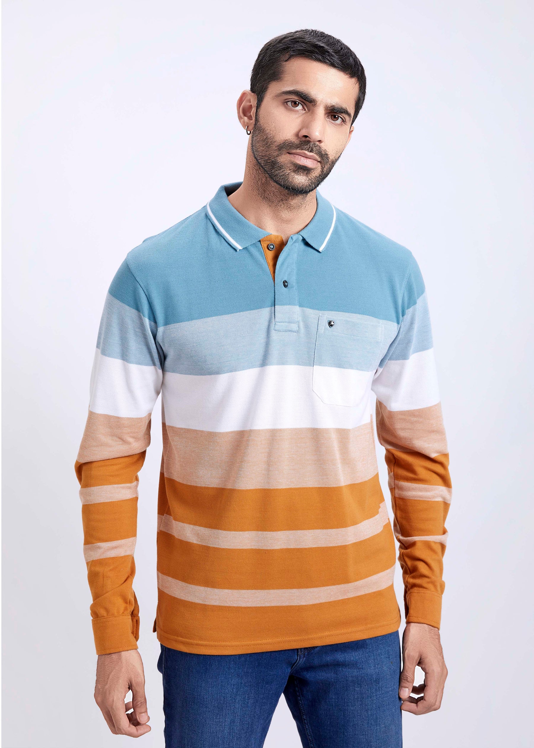 Full Sleeves Vintage Striped Polo T-Shirt With Pocket