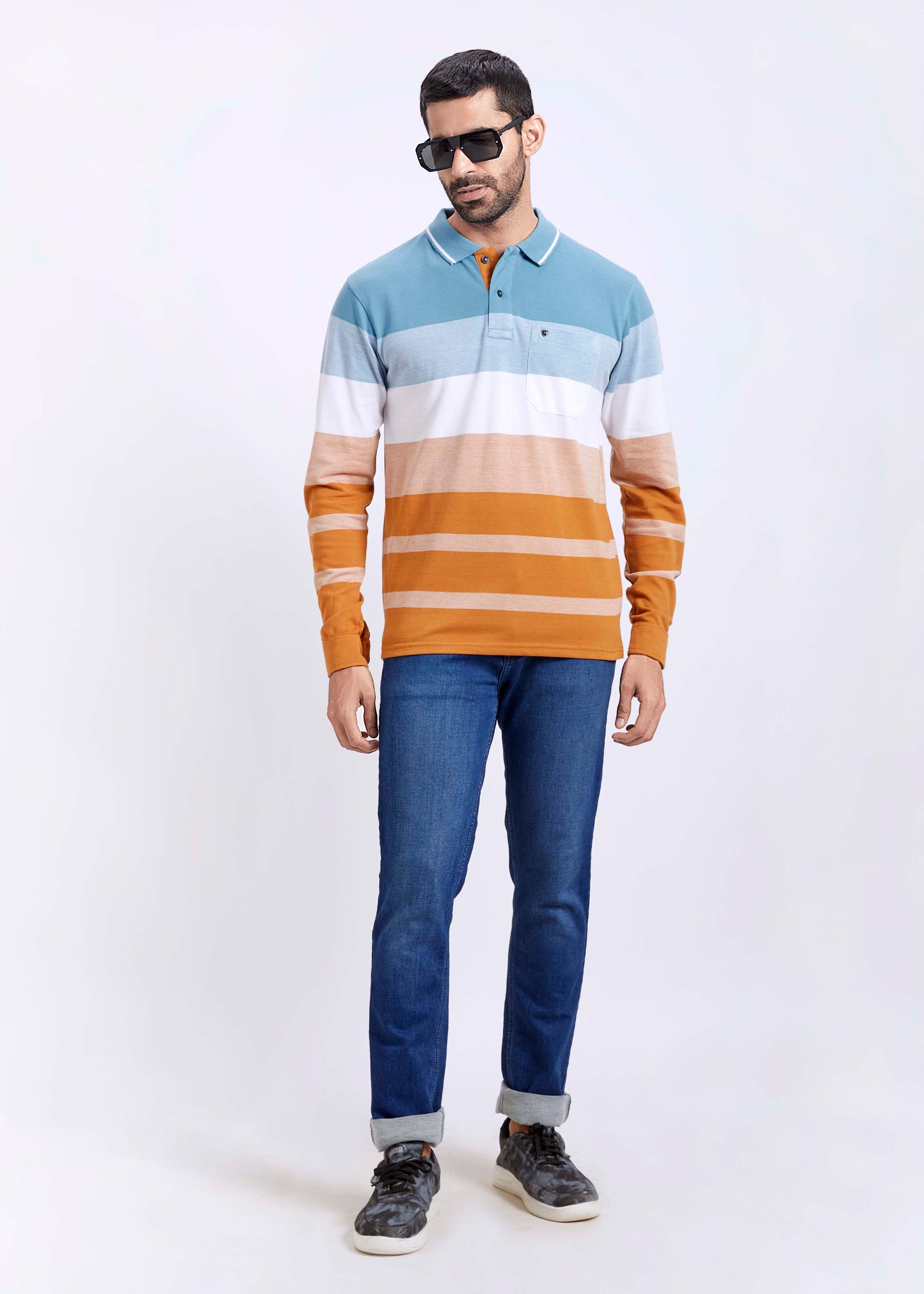 Full Sleeves Vintage Striped Polo T-Shirt With Pocket