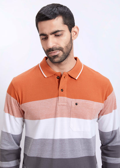 Full Sleeves Striped Polo T-Shirt With Pocket