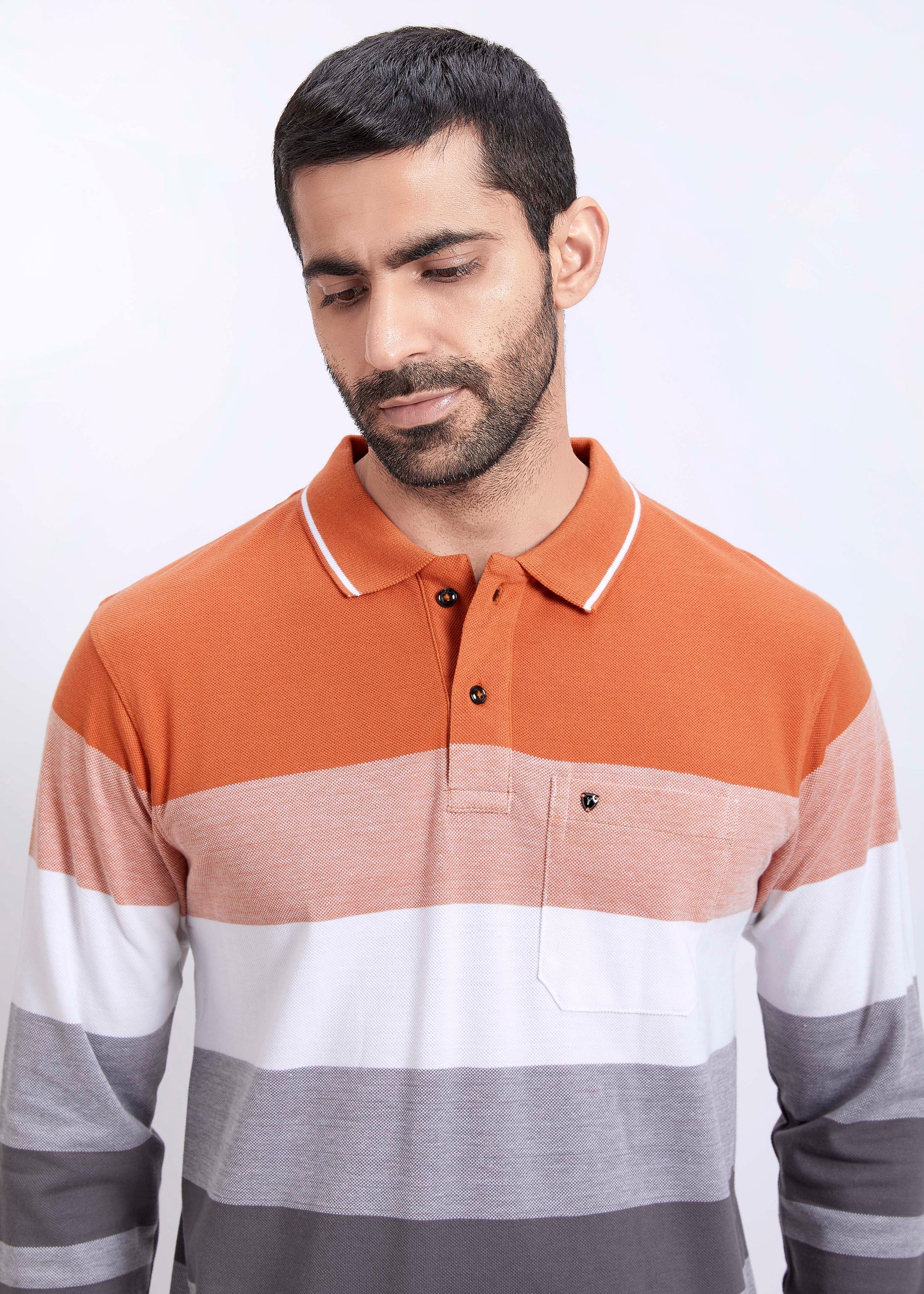 Full Sleeves Vintage Striped Polo T-Shirt With Pocket