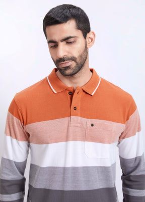 Full Sleeves Vintage Striped Polo T-Shirt With Pocket