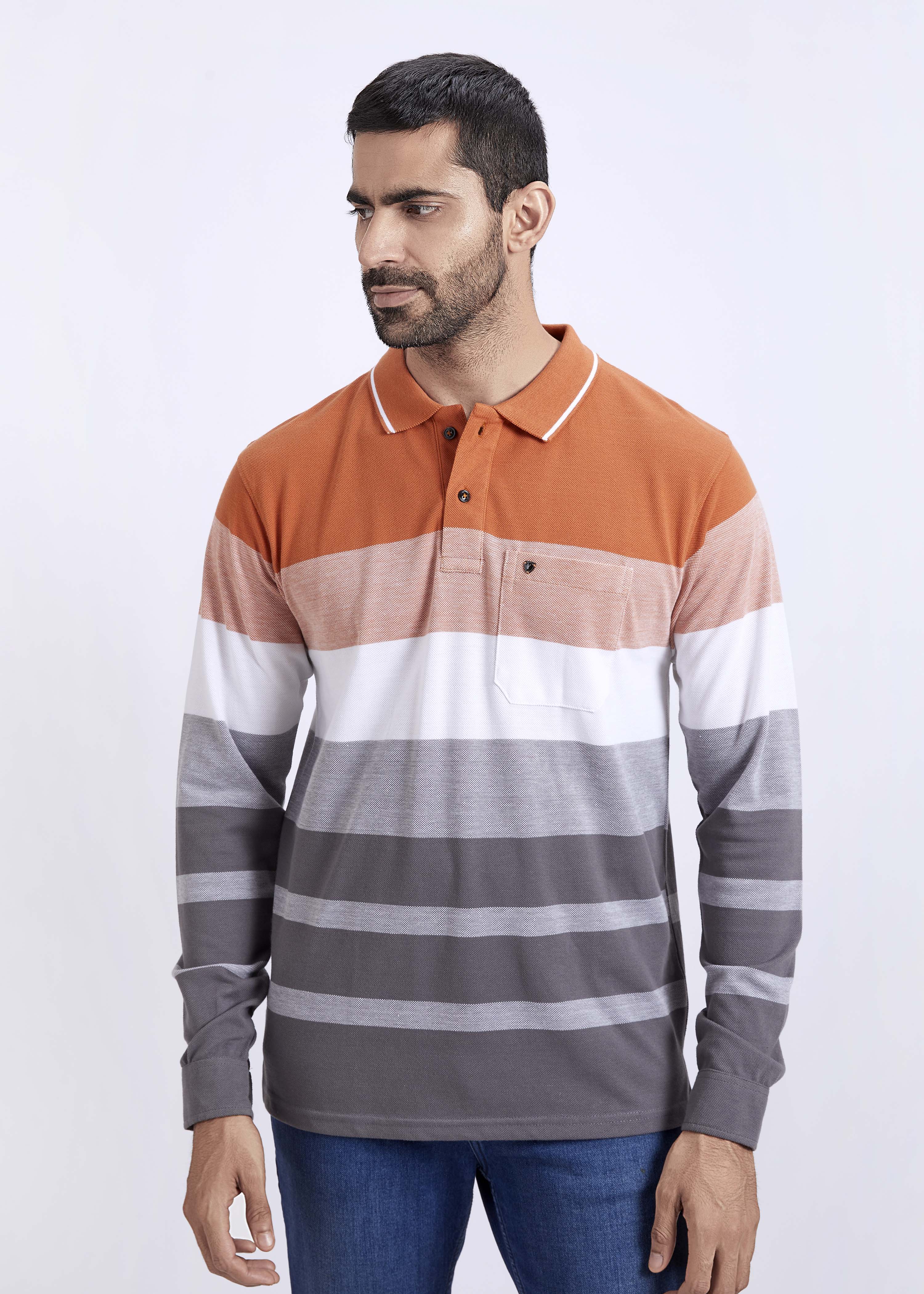 Full Sleeves Striped Polo T-Shirt With Pocket